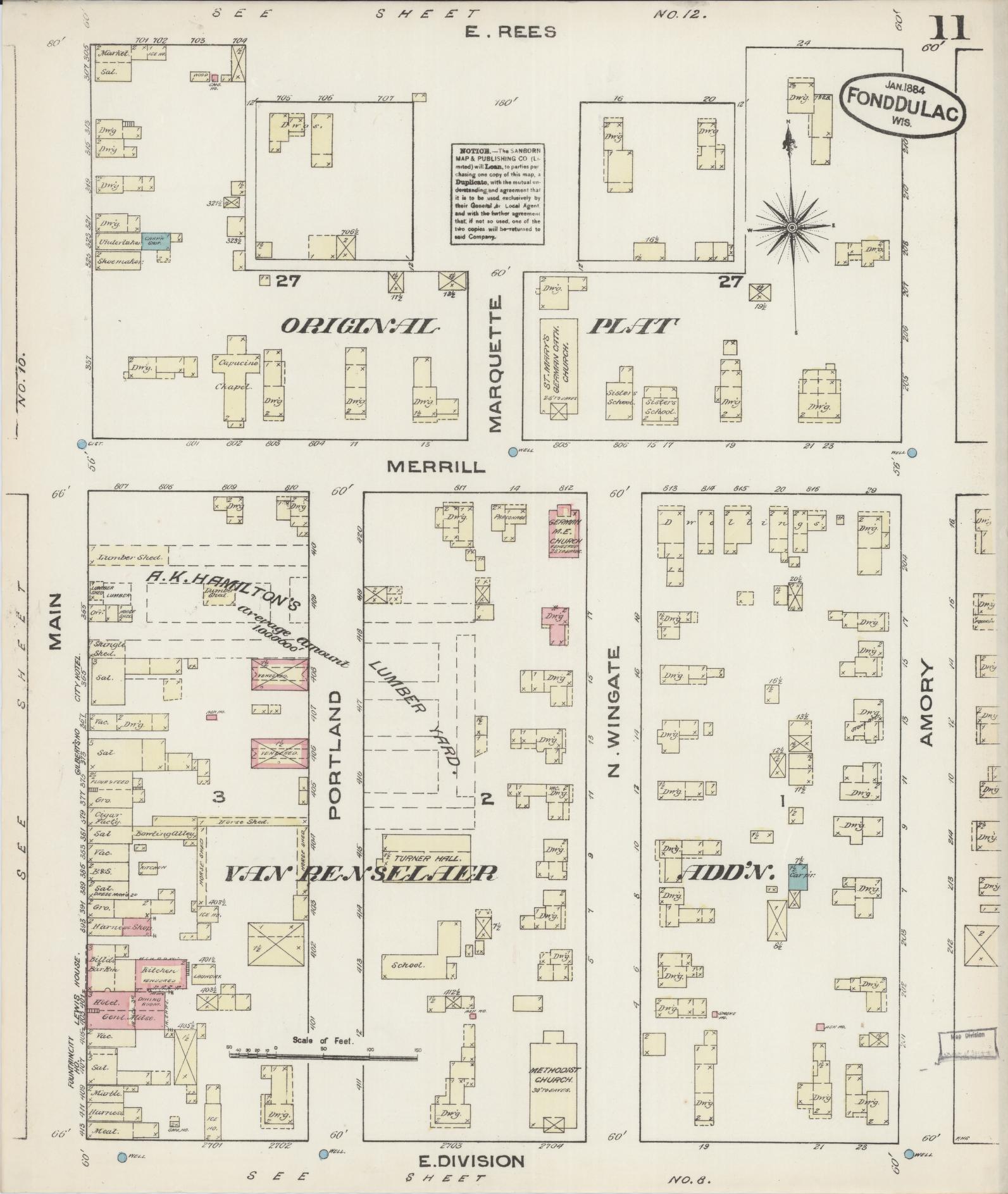 Sanborn Fire Insurance Map from Fond du Lac, Fond du Lac County, Wisconsin (1884), Sheet #0011 - Historic Sanborn Fire Insurance Map Print, vintage old map wall art, antique decor, genealogy gift, Wisconsin Wisconsin map