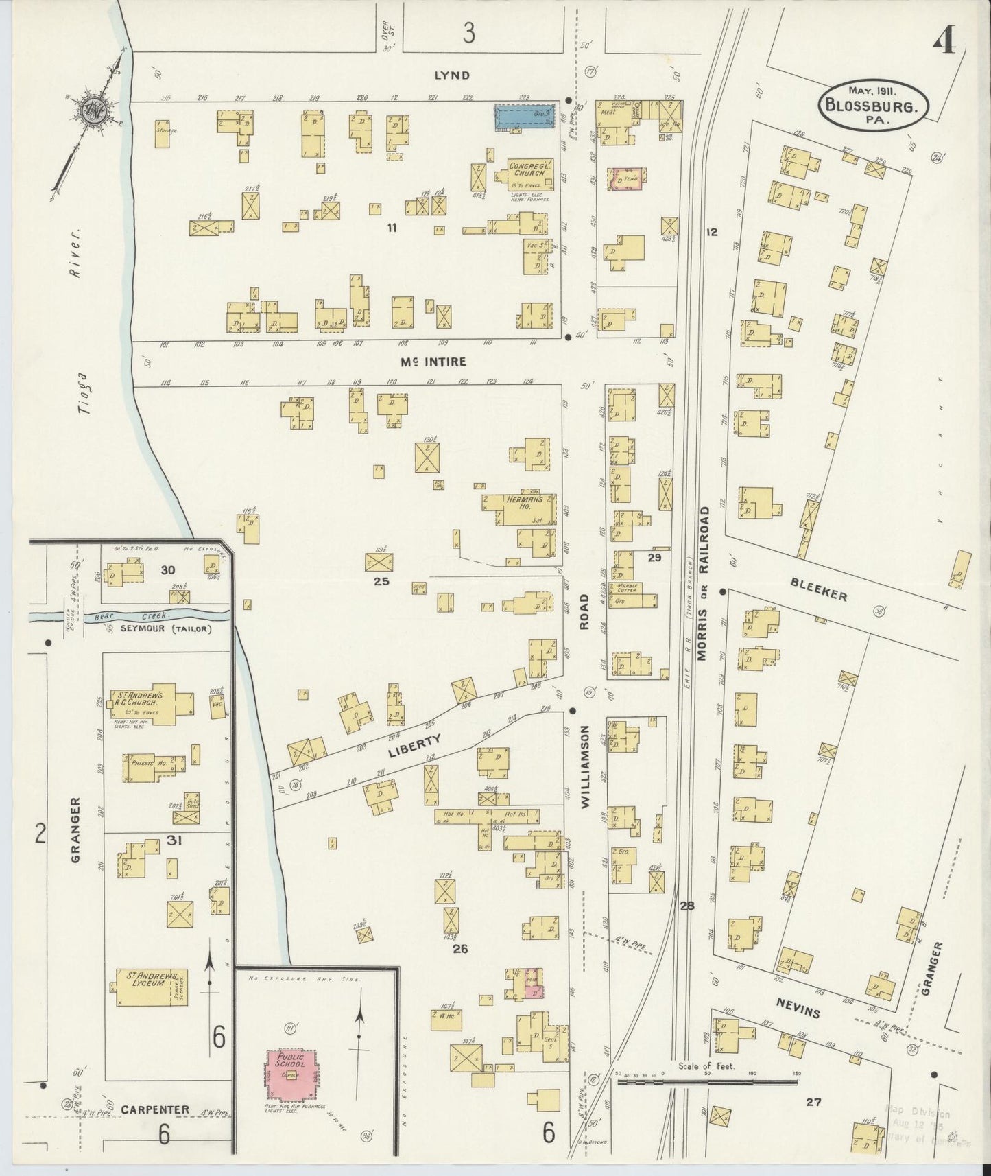 Sanborn Fire Insurance Map from Blossburg, Tioga County, Pennsylvania (1911), Sheet #0004 - Historic Sanborn Fire Insurance Map Print, vintage old map wall art, antique decor, genealogy gift, Pennsylvania Pennsylvania map