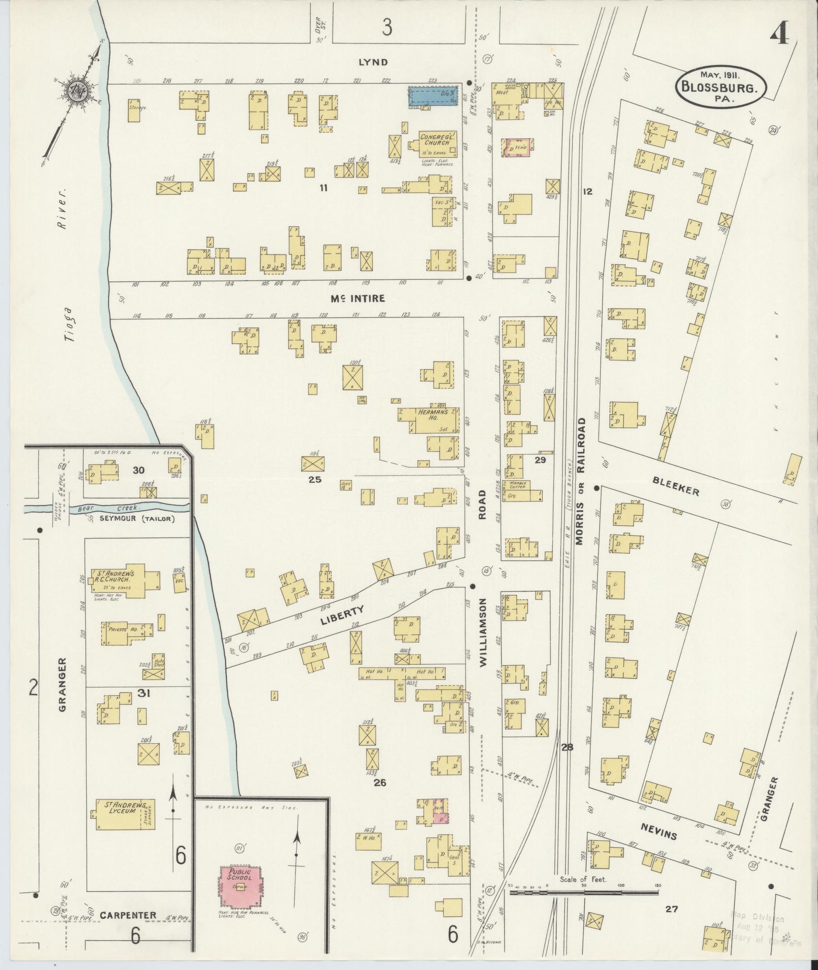 Sanborn Fire Insurance Map from Blossburg, Tioga County, Pennsylvania (1911), Sheet #0004 - Historic Sanborn Fire Insurance Map Print, vintage old map wall art, antique decor, genealogy gift, Pennsylvania Pennsylvania map
