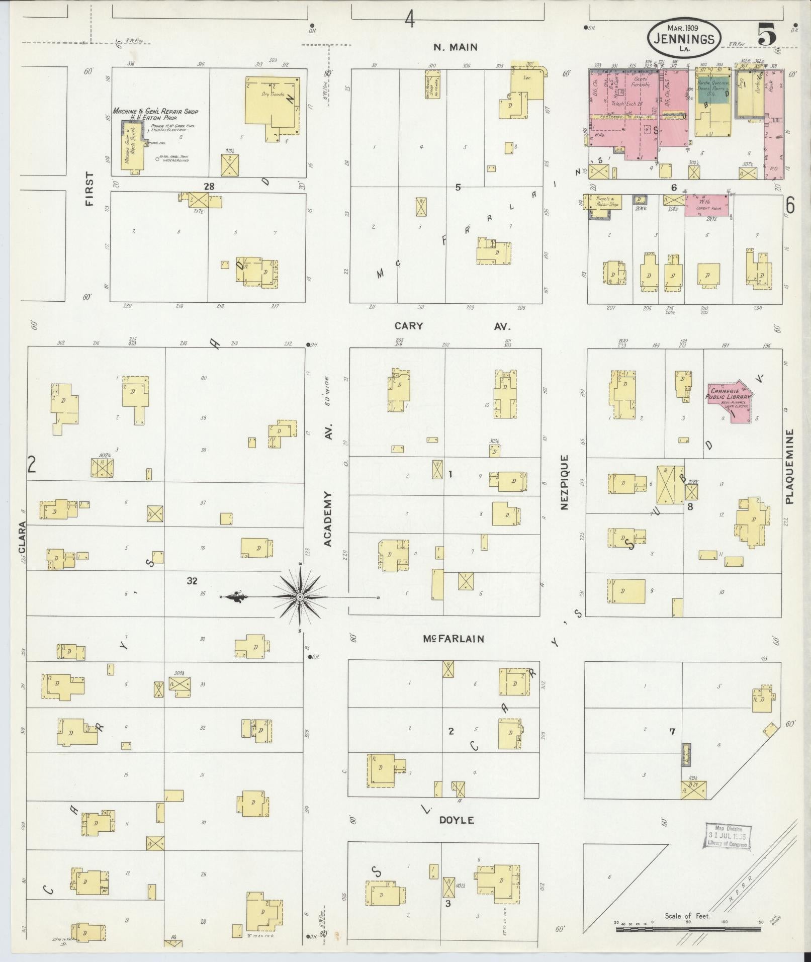 Sanborn Fire Insurance Map from Jennings, Jefferson Davis Parish, Louisiana (1909), Sheet #0005 - Complete Map Set gallery image, historic Sanborn map, vintage wall art, Louisiana Louisiana