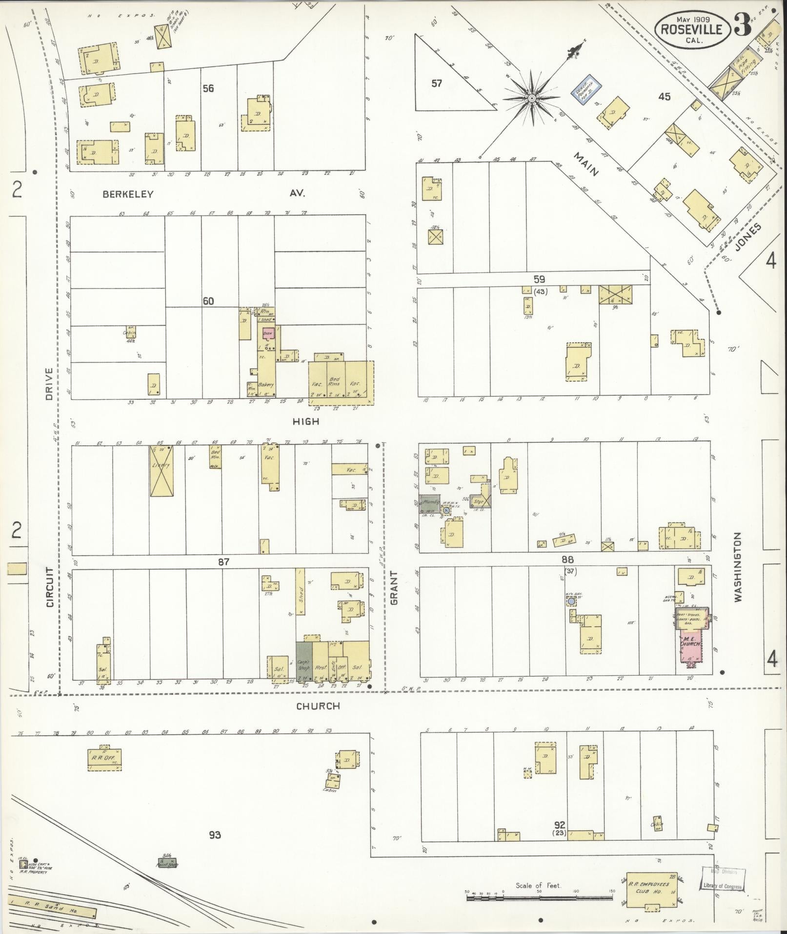 Sanborn Fire Insurance Map from Roseville, Placer County, California (1909), Sheet #0003 - Complete Map Set gallery image, historic Sanborn map, vintage wall art, California California