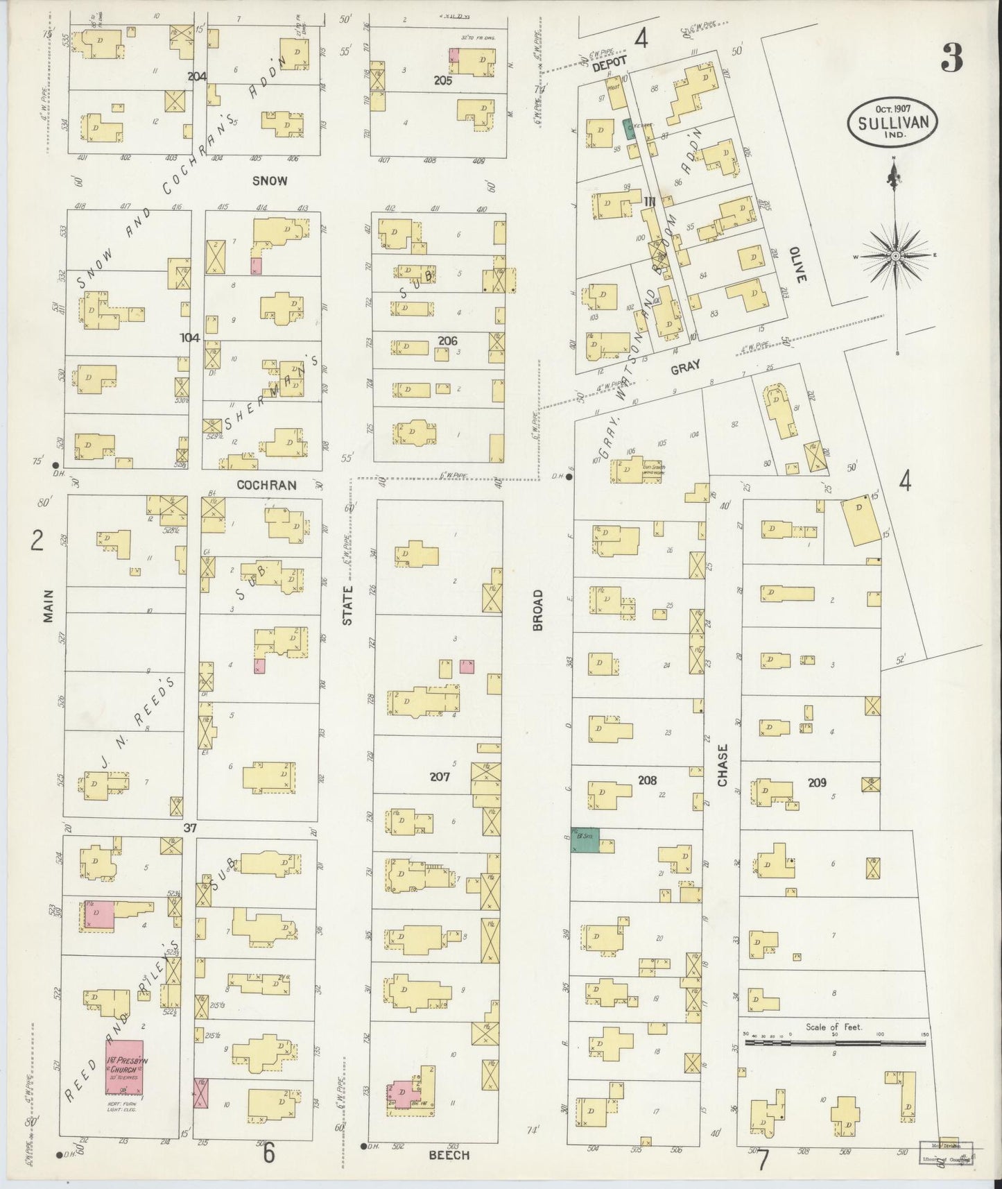 Sanborn Fire Insurance Map from Sullivan, Sullivan County, Indiana (1907), Sheet #0003 - Complete Map Set gallery image, historic Sanborn map, vintage wall art, Indiana Indiana