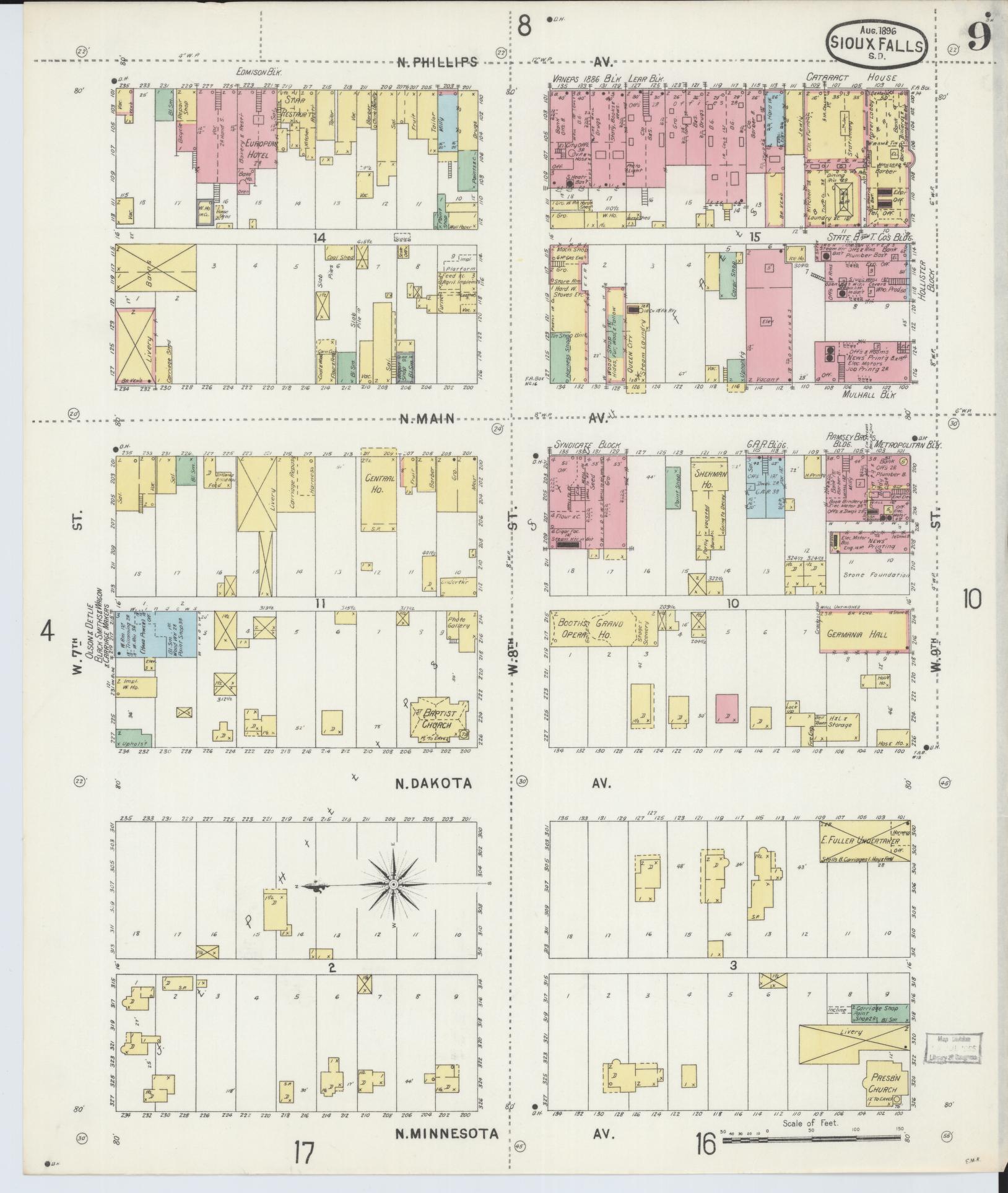 Sanborn Fire Insurance Map from Sioux Falls, Minnehaha County, South Dakota (1896), Sheet #0009 - Historic Sanborn Fire Insurance Map Print, vintage old map wall art, antique decor, genealogy gift, South Dakota South Dakota map