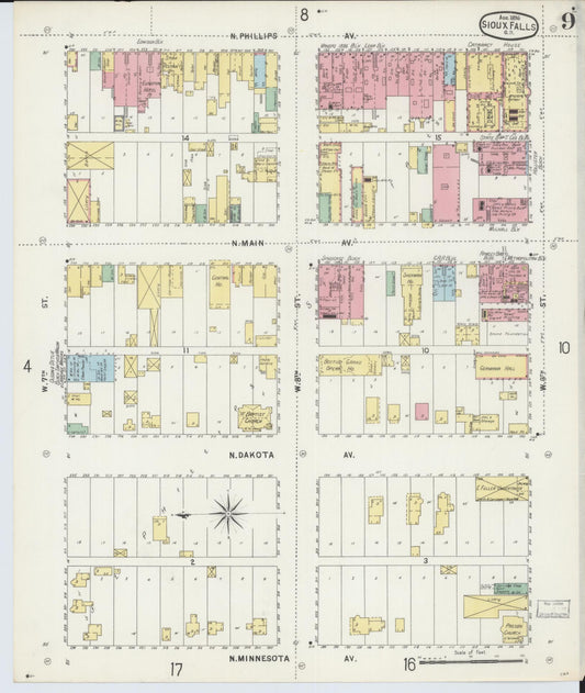 Sanborn Fire Insurance Map from Sioux Falls, Minnehaha County, South Dakota (1896), Sheet #0009 - Historic Sanborn Fire Insurance Map Print, vintage old map wall art, antique decor, genealogy gift, South Dakota South Dakota map