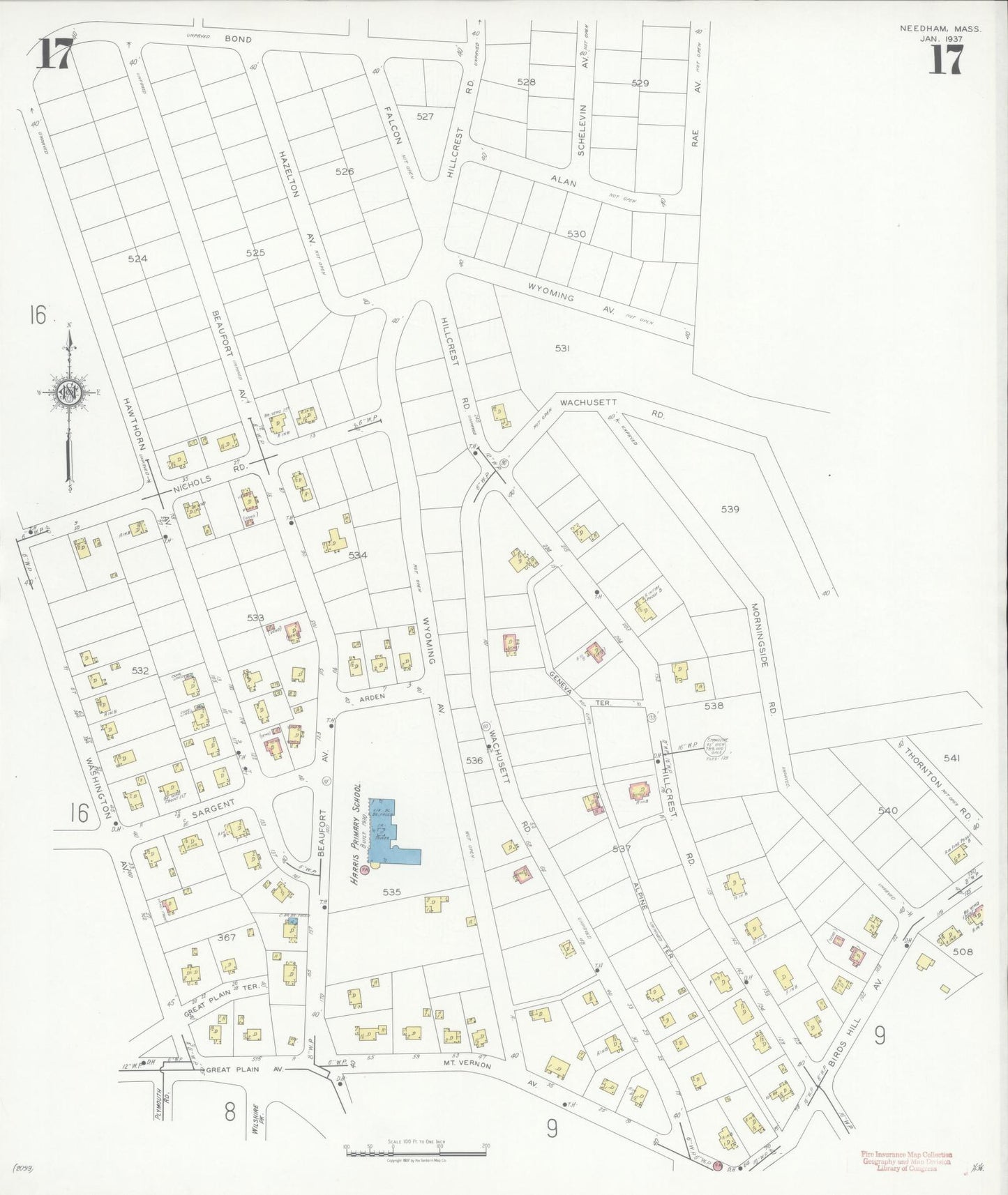 Sanborn Fire Insurance Map from Needham, Norfolk County, Massachusetts (1937), Sheet #0017 - Complete Map Set gallery image, historic Sanborn map, vintage wall art, Massachusetts Massachusetts