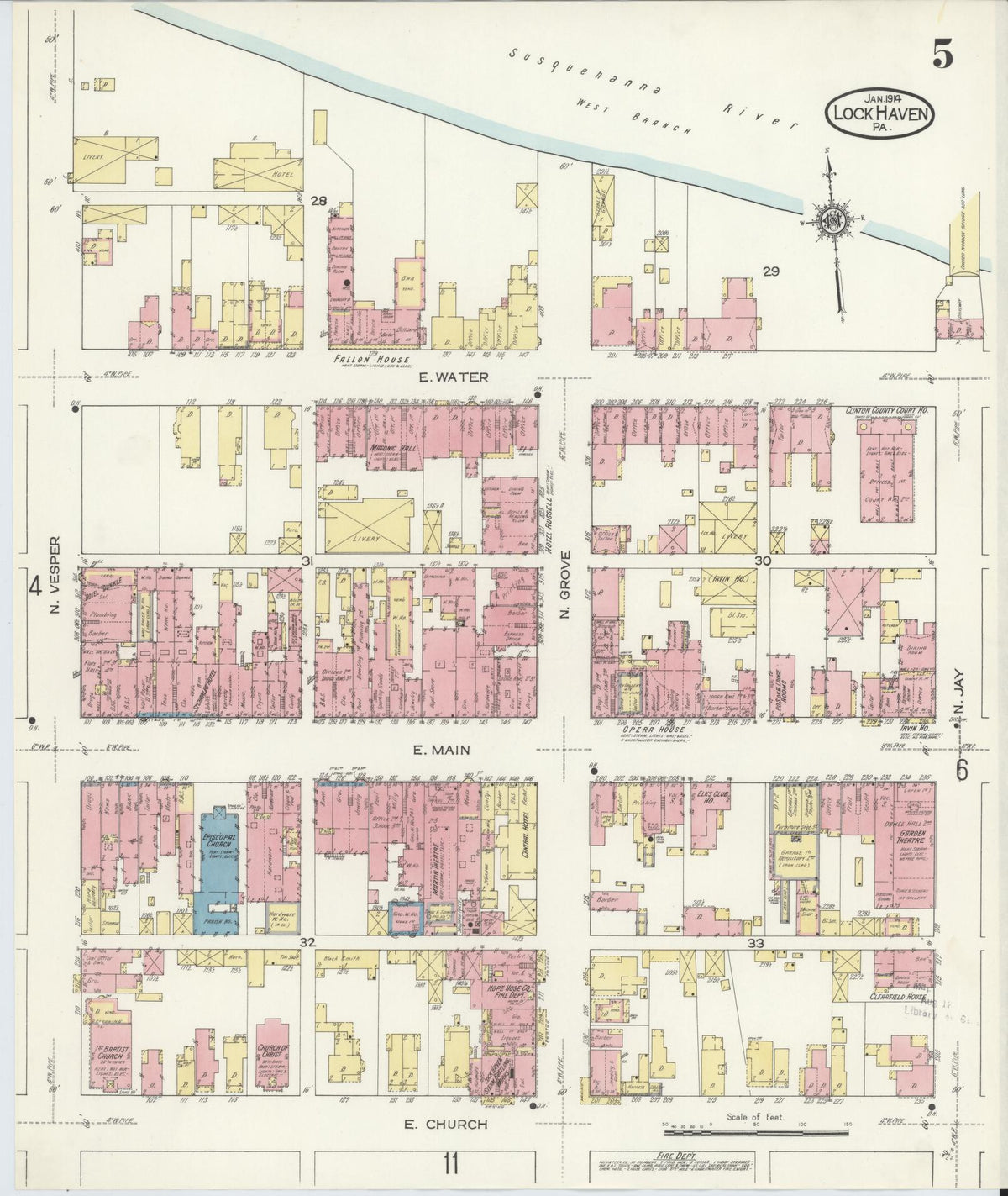Sanborn Fire Insurance Map from Lock Haven, Clinton County, Pennsylvania (1914), Sheet #0005 - Historic Sanborn Fire Insurance Map Print, vintage old map wall art, antique decor, genealogy gift, Pennsylvania Pennsylvania map
