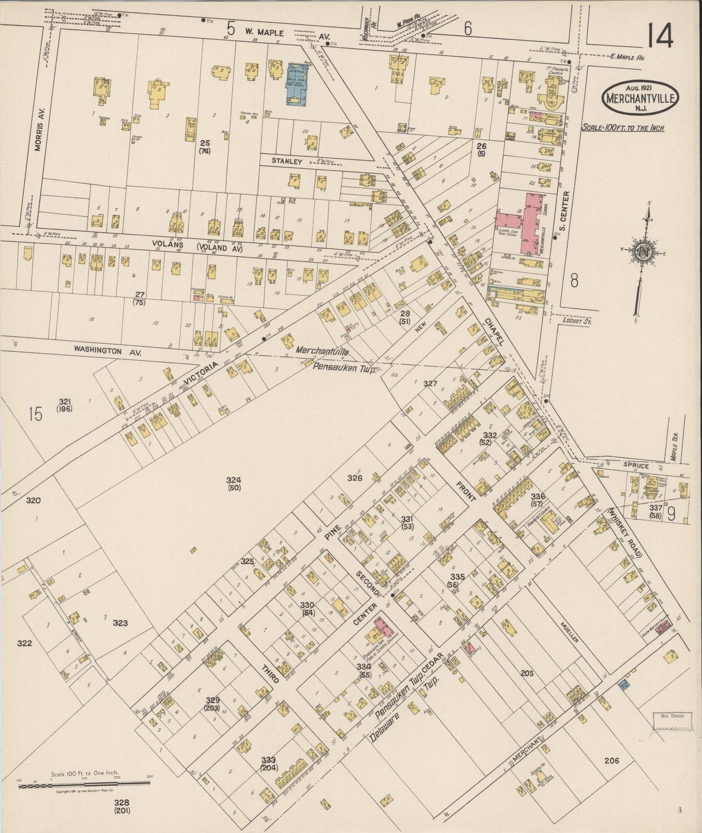 Sanborn Fire Insurance Map from Merchantville, Camden County, New Jersey (1921), Sheet #0014 - Historic Sanborn Fire Insurance Map Print, vintage old map wall art, antique decor, genealogy gift, New Jersey New Jersey map