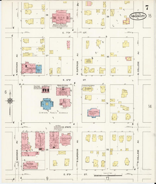 Sanborn Fire Insurance Map from Mason City, Cerro Gordo County, Iowa (1915), Sheet #0007 - Historic Sanborn Fire Insurance Map Print, vintage old map wall art