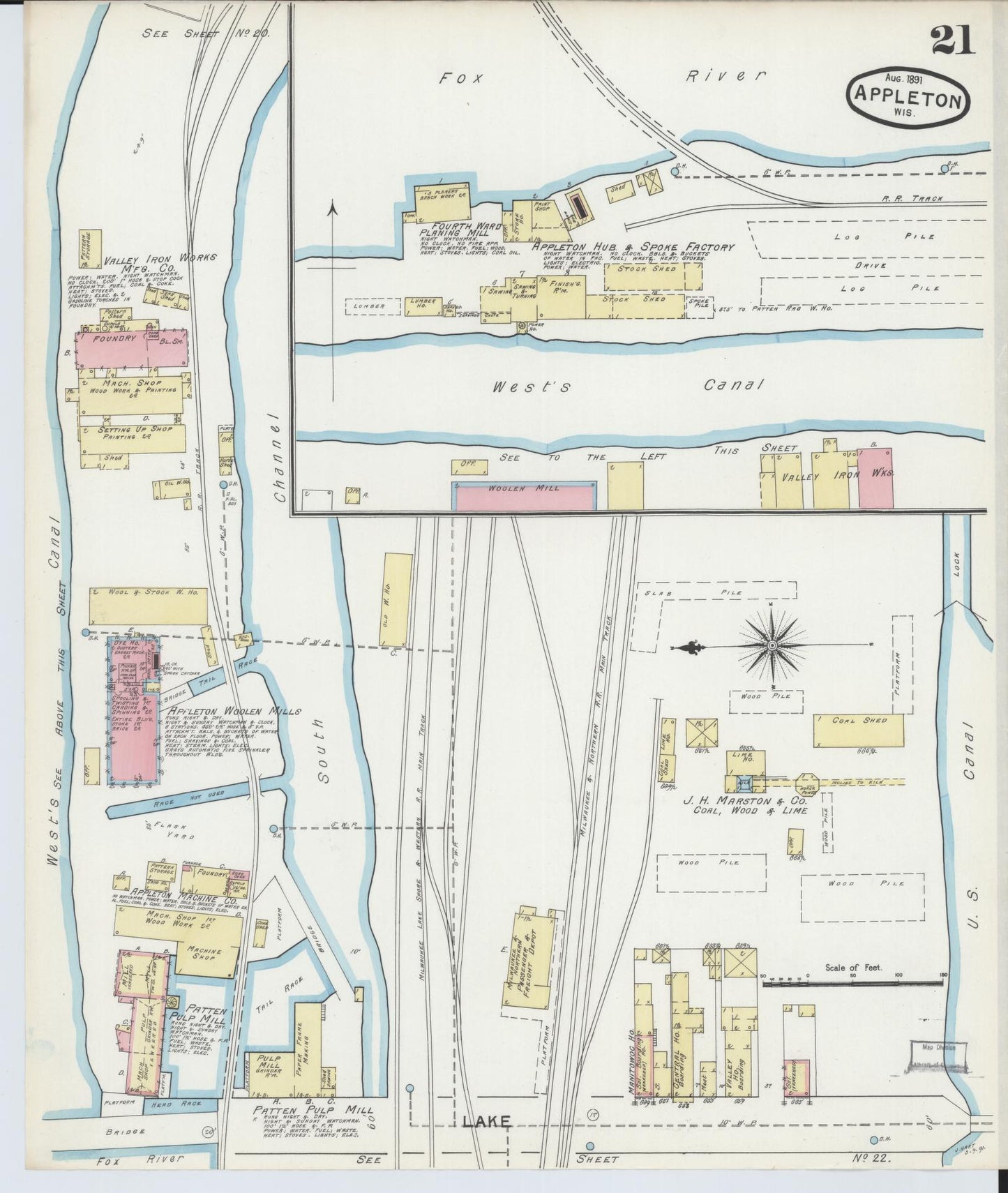 Sanborn Fire Insurance Map from Appleton, Outagamie County, Wisconsin (1891), Sheet #0021 - Complete Map Set gallery image, historic Sanborn map, vintage wall art, Wisconsin Wisconsin