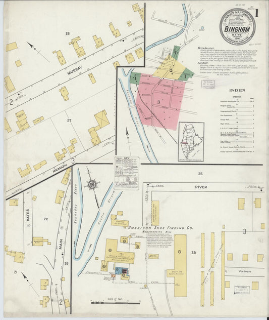 Sanborn Fire Insurance Map from Bingham, Somerset County, Maine (1916), Sheet #0001 - Historic Sanborn Fire Insurance Map Print, vintage old map wall art, antique decor, genealogy gift, Maine Maine map
