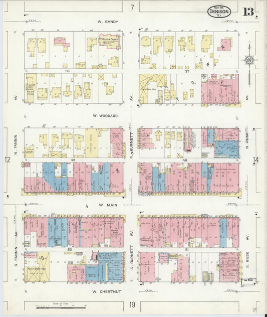 Sanborn Fire Insurance Map from Denison, Grayson County, Texas (1914), Sheet #0013 - Historic Sanborn Fire Insurance Map Print, vintage old map wall art, antique decor, genealogy gift, Texas Texas map