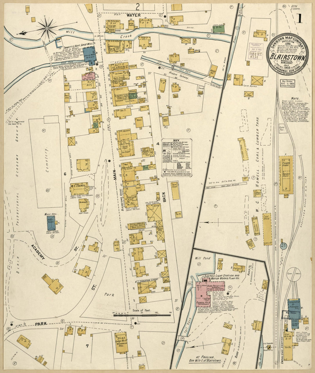 Sanborn Fire Insurance Map from Blairstown, Warren County, New Jersey (1903), Sheet #0001 - Historic Sanborn Fire Insurance Map Print, vintage old map wall art, antique decor, genealogy gift, New Jersey New Jersey map
