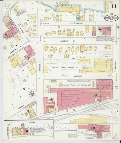 Sanborn Fire Insurance Map from Battle Creek, Calhoun County, Michigan (1907), Sheet #0011 - Complete Map Set gallery image, historic Sanborn map, vintage wall art, Michigan Michigan