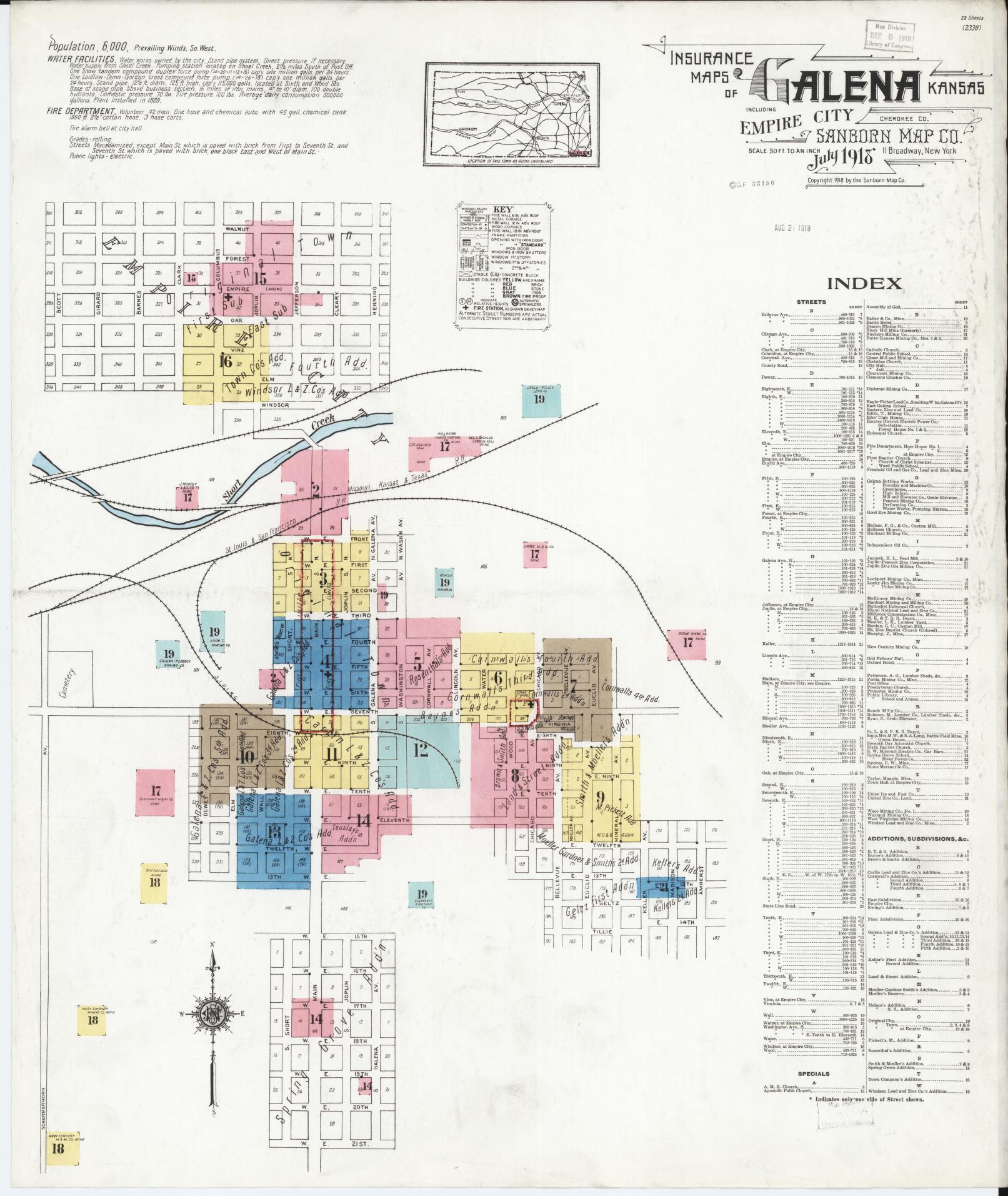 Sanborn Fire Insurance Map from Galena, Cherokee County, Kansas (1918), Sheet #0001 - Complete Map Set gallery image, historic Sanborn map, vintage wall art, Kansas Kansas