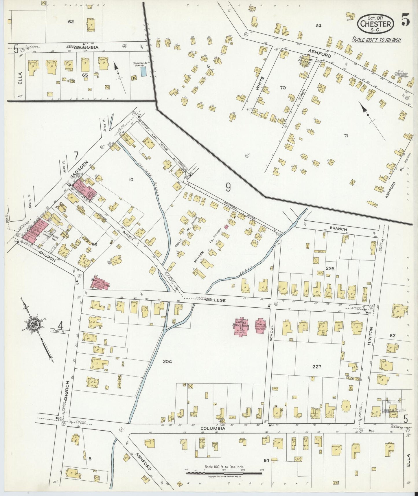 Sanborn Fire Insurance Map from Chester, Chester County, South Carolina (1917), Sheet #0005 - Historic Sanborn Fire Insurance Map Print, vintage old map wall art, antique decor, genealogy gift, South Carolina South Carolina map
