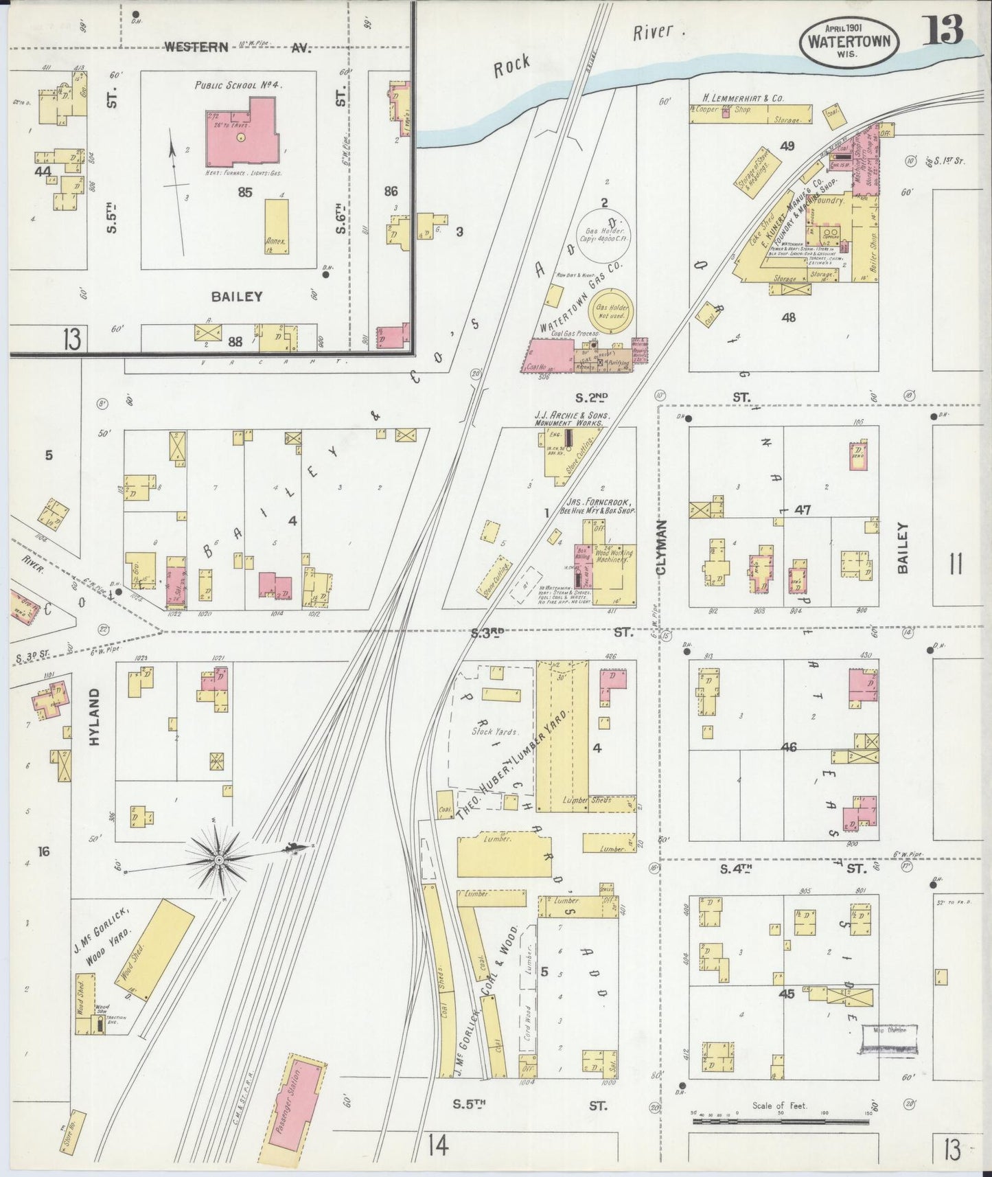 Sanborn Fire Insurance Map from Watertown, Jefferson County, Wisconsin (1901), Sheet #0013 - Complete Map Set gallery image, historic Sanborn map, vintage wall art, Wisconsin Wisconsin