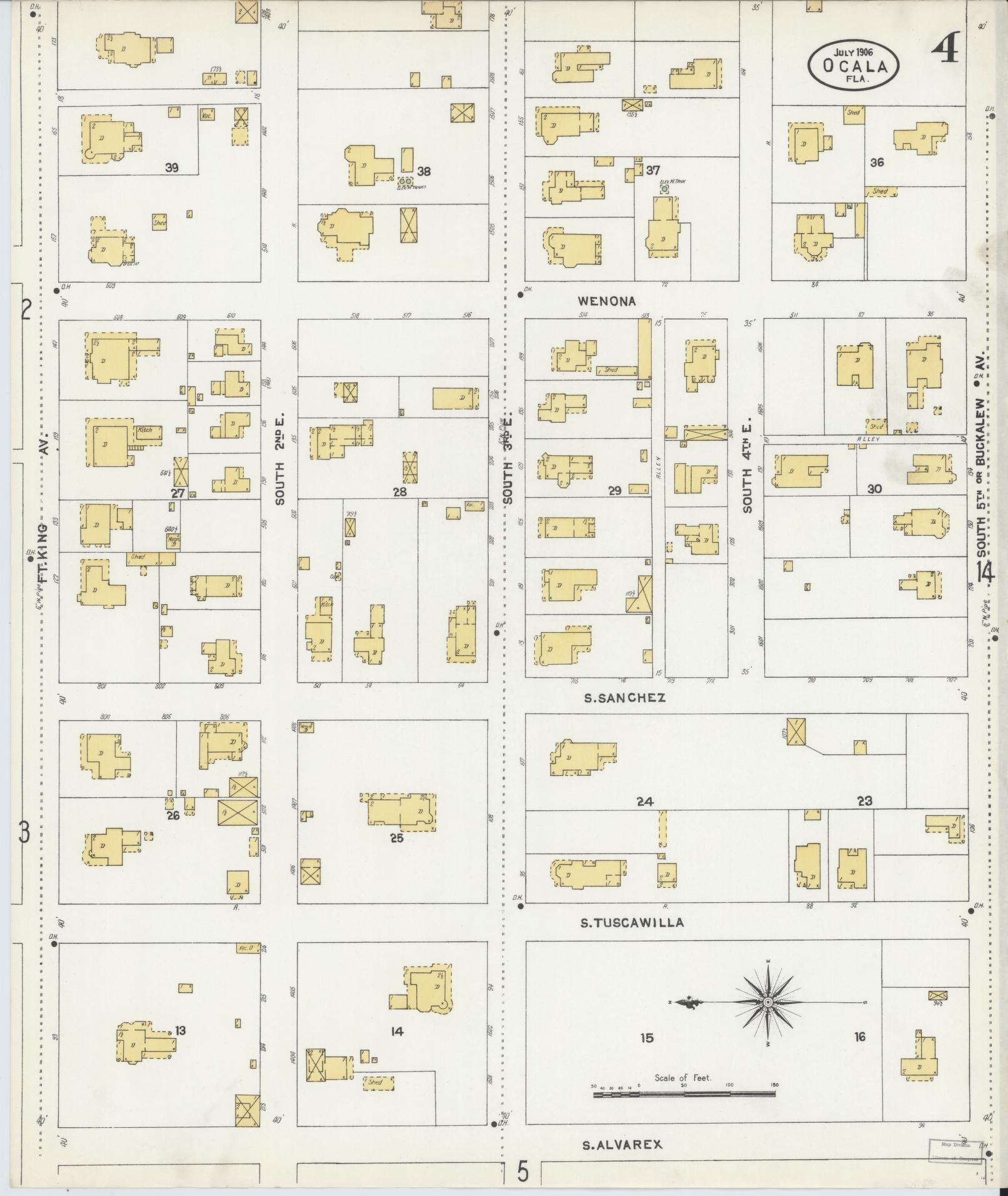 Sanborn Fire Insurance Map from Ocala, Marion County, Florida (1906), Sheet #0004 - Historic Sanborn Fire Insurance Map Print, vintage old map wall art, antique decor, genealogy gift, Florida Florida map