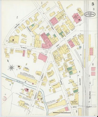 Sanborn Fire Insurance Map from Attleboro, Bristol County, Massachusetts (1905), Sheet #0005 - Historic Sanborn Fire Insurance Map Print, vintage old map wall art, antique decor, genealogy gift, Massachusetts Massachusetts map