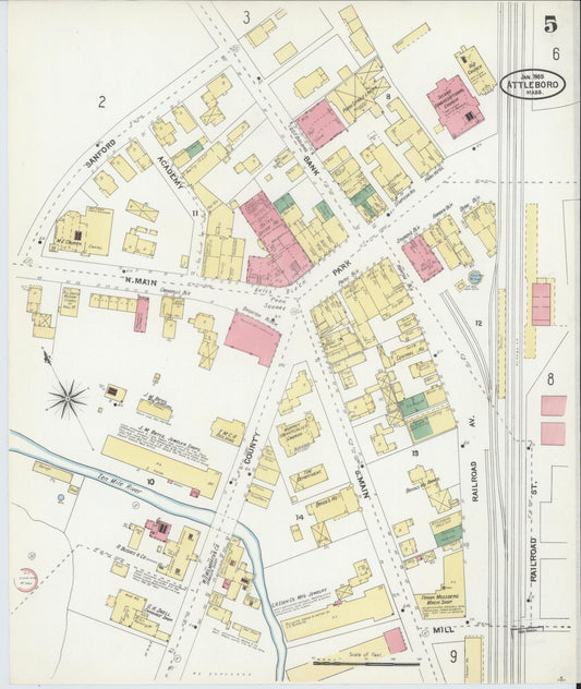 Sanborn Fire Insurance Map from Attleboro, Bristol County, Massachusetts (1905), Sheet #0005 - Historic Sanborn Fire Insurance Map Print, vintage old map wall art, antique decor, genealogy gift, Massachusetts Massachusetts map