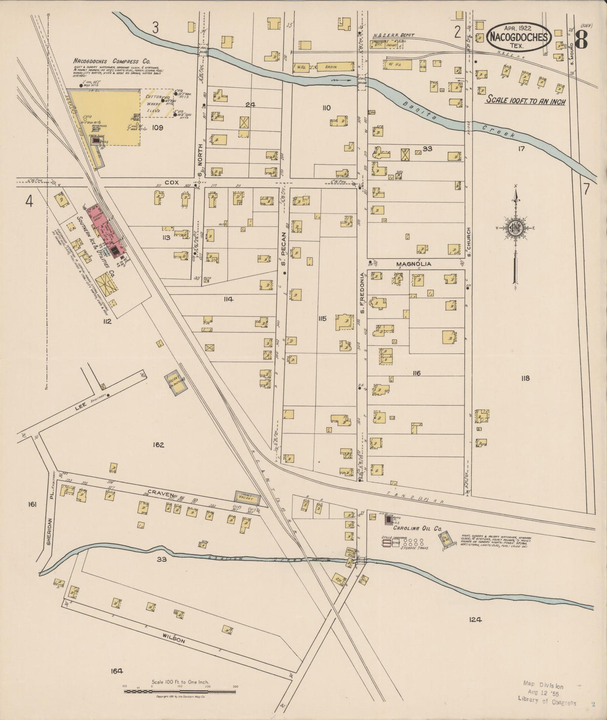 Sanborn Fire Insurance Map from Nacogdoches, Nacogdoches County, Texas (1922), Sheet #0008 - Complete Map Set gallery image, historic Sanborn map, vintage wall art, Texas Texas