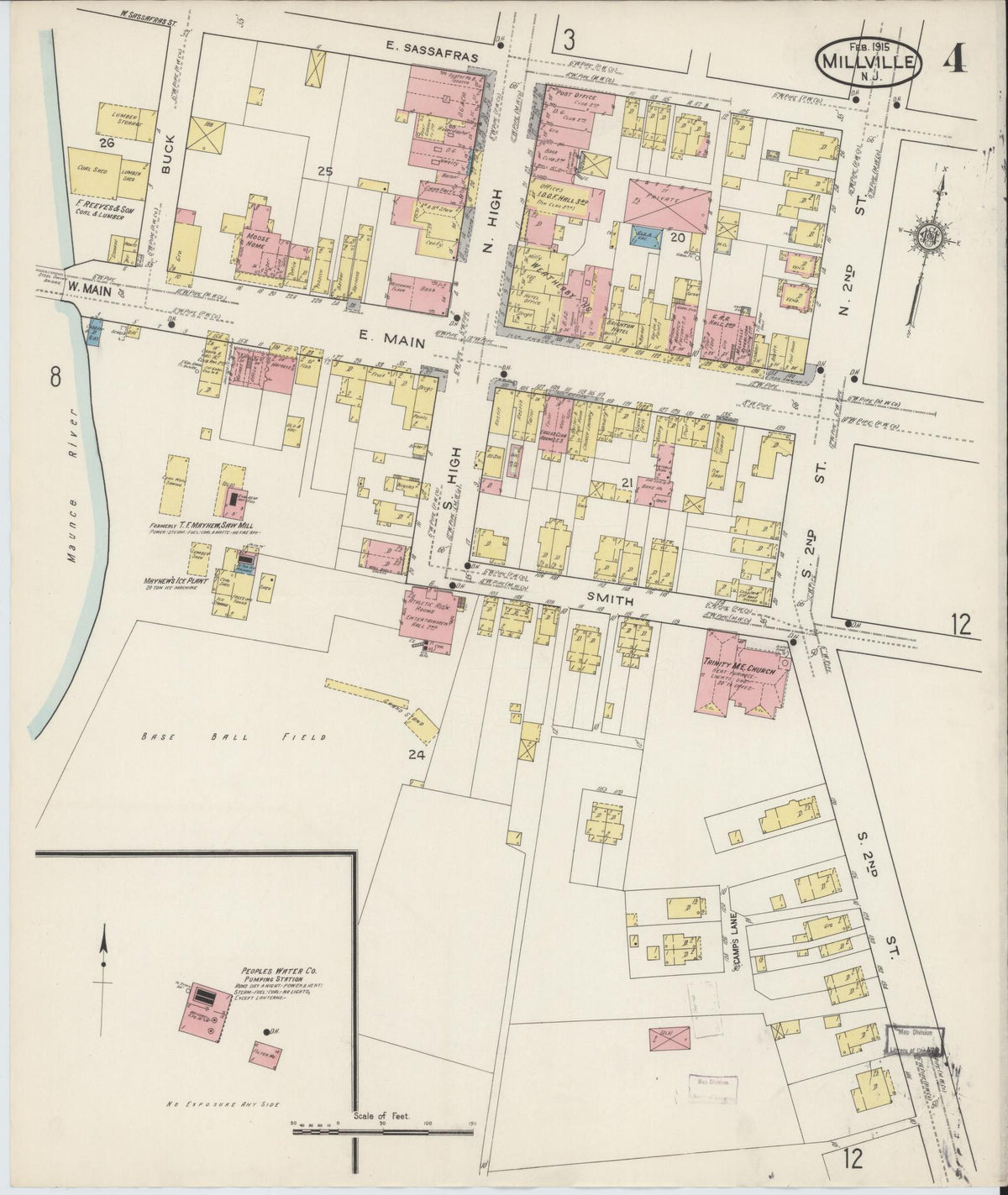 Sanborn Fire Insurance Map from Millville, Cumberland County, New Jersey (1915), Sheet #0004 - Historic Sanborn Fire Insurance Map Print, vintage old map wall art, antique decor, genealogy gift, New Jersey New Jersey map