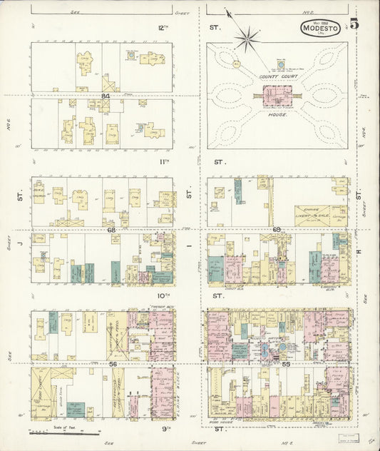 Sanborn Fire Insurance Map from Modesto, Stanislaus County, California (1888), Sheet #0005 - Historic Sanborn Fire Insurance Map Print, vintage old map wall art, antique decor, genealogy gift, California California map