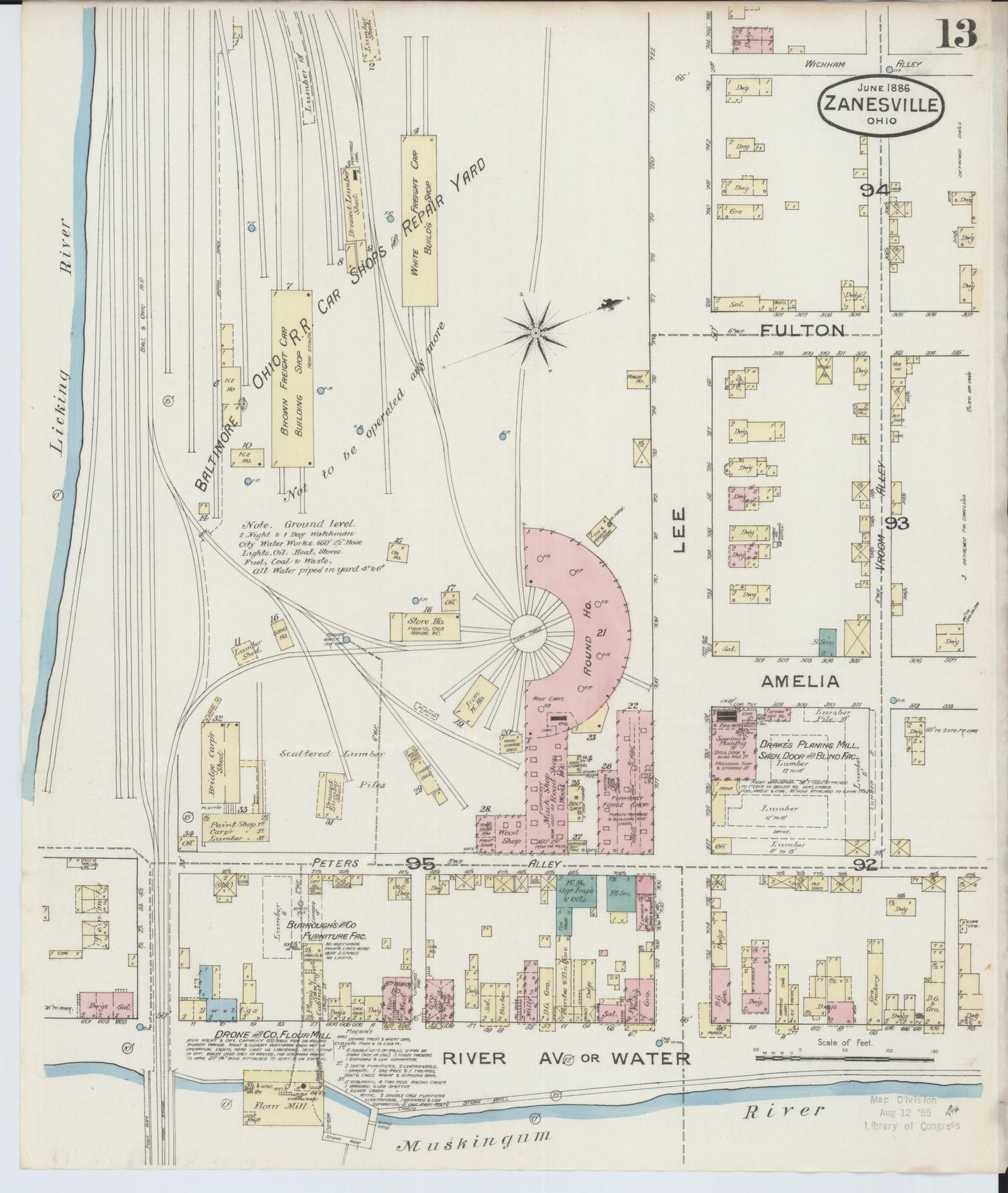 Sanborn Fire Insurance Map from Zanesville, Muskingum County, Ohio (1886), Sheet #0013 - Complete Map Set gallery image, historic Sanborn map, vintage wall art, Ohio Ohio