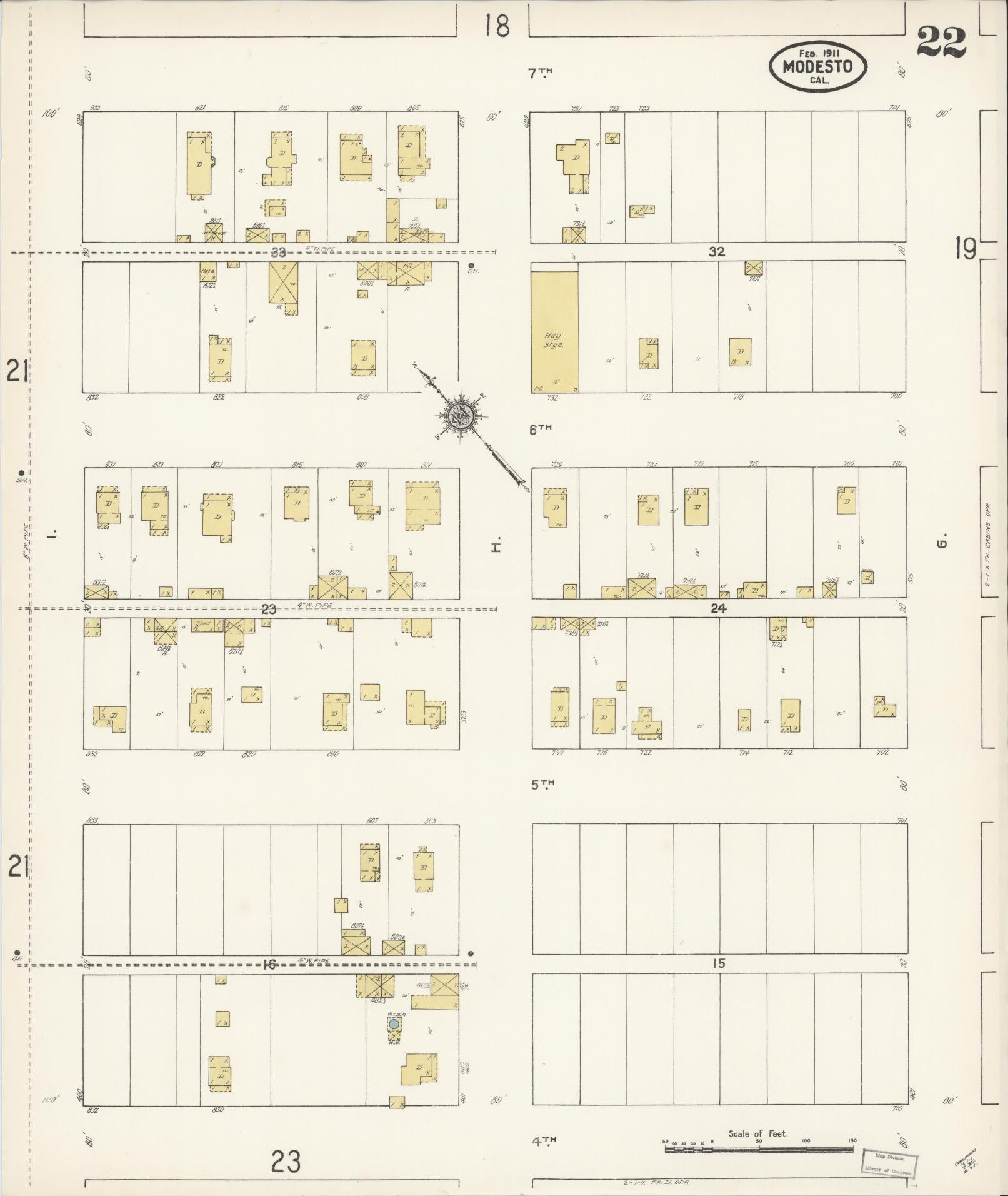 Sanborn Fire Insurance Map from Modesto, Stanislaus County, California (1911), Sheet #0022 - Complete Map Set gallery image, historic Sanborn map, vintage wall art, California California