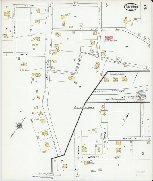 Sanborn Fire Insurance Map from Tuskegee, Macon County, Alabama (1920), Sheet #0005 - Historic Sanborn Fire Insurance Map Print, vintage old map wall art, antique decor, genealogy gift, Alabama Alabama map