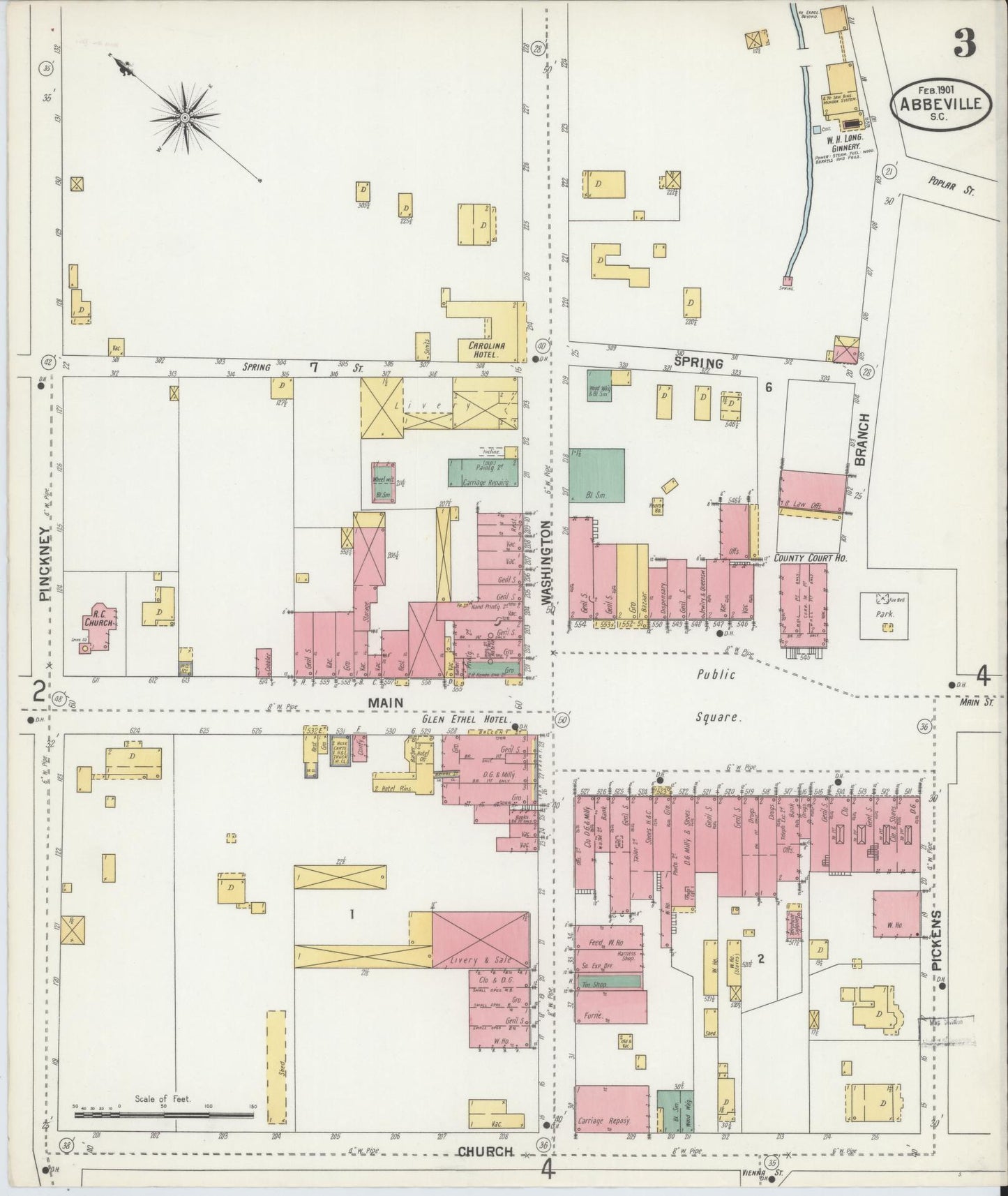 Sanborn Fire Insurance Map from Abbeville, Abbeville County, South Carolina (1901), Sheet #0003 - Complete Map Set gallery image, historic Sanborn map, vintage wall art, South Carolina South Carolina