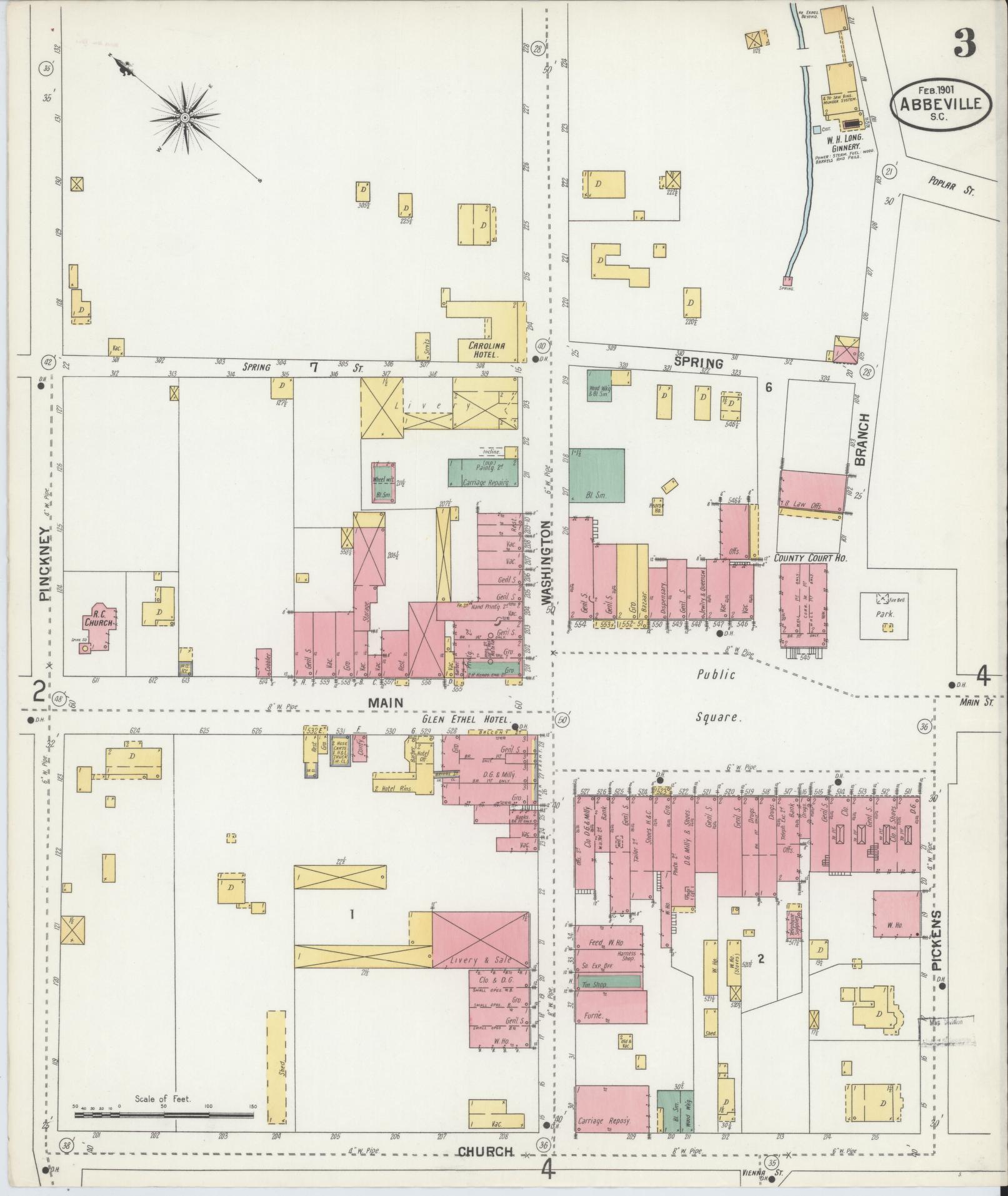 Sanborn Fire Insurance Map from Abbeville, Abbeville County, South Carolina (1901), Sheet #0003 - Complete Map Set gallery image, historic Sanborn map, vintage wall art, South Carolina South Carolina