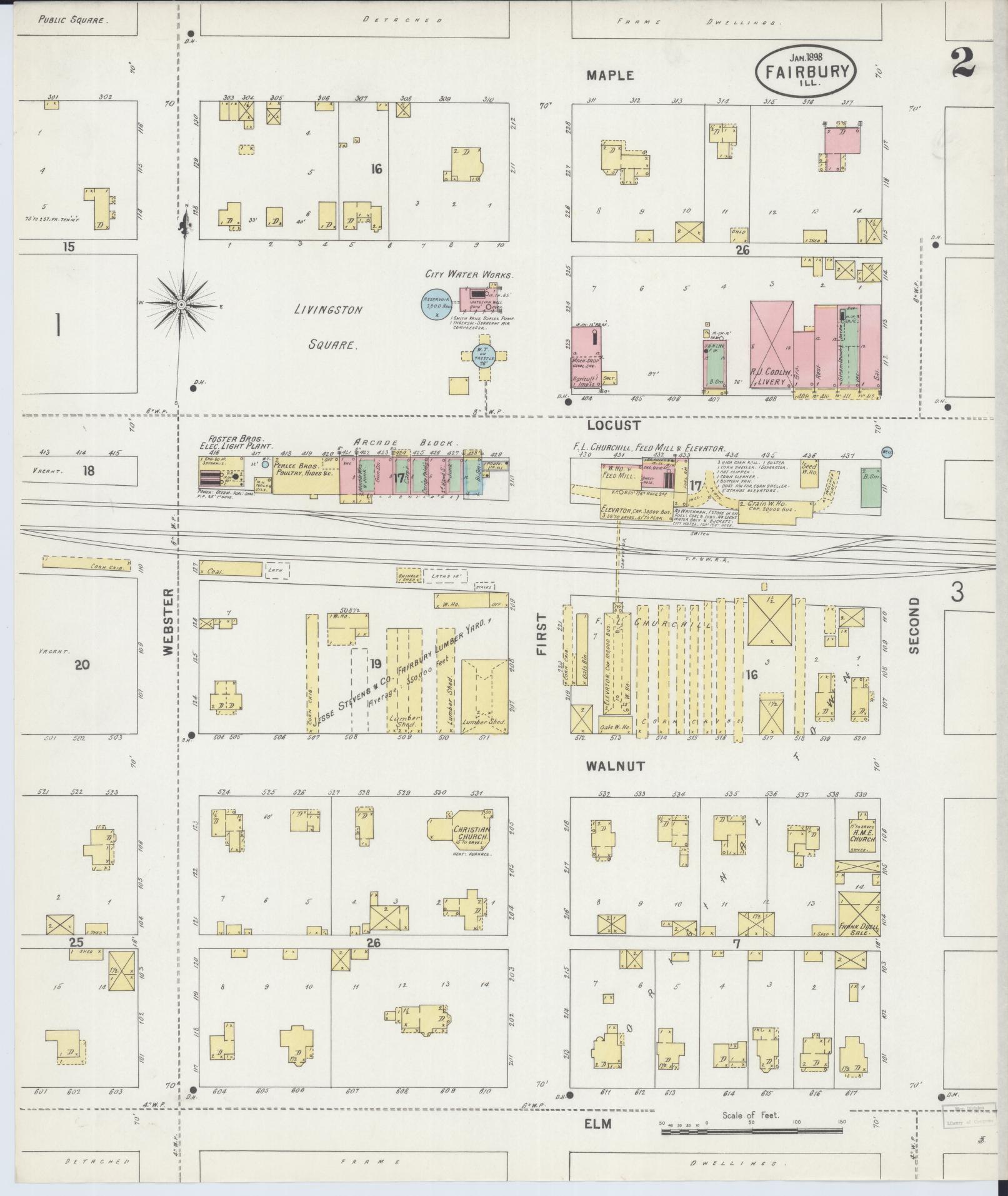 Sanborn Fire Insurance Map from Fairbury, Livingston County, Illinois (1898), Sheet #0002 - Historic Sanborn Fire Insurance Map Print, vintage old map wall art, antique decor, genealogy gift, Illinois Illinois map