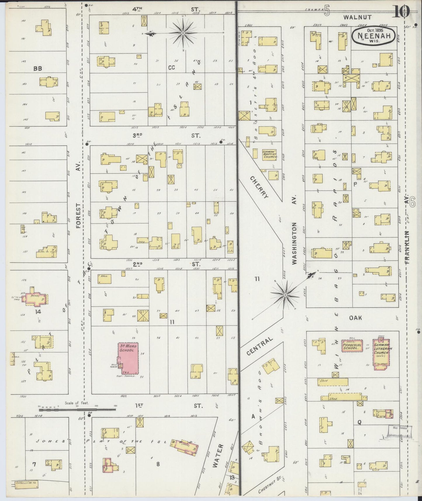 Sanborn Fire Insurance Map from Neenah, Winnebago County, Wisconsin (1895), Sheet #0010 - Historic Sanborn Fire Insurance Map Print, vintage old map wall art, antique decor, genealogy gift, Wisconsin Wisconsin map