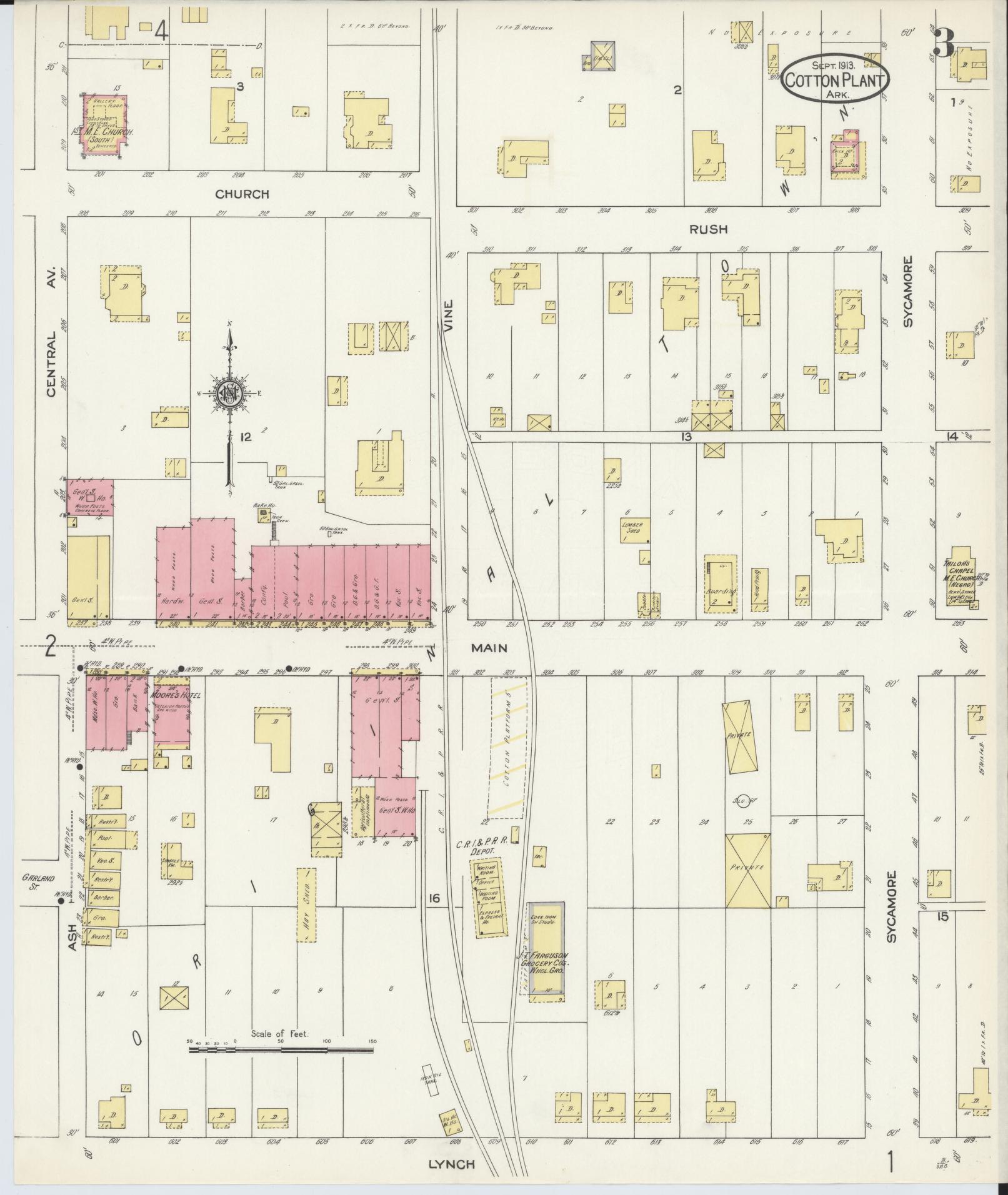 Sanborn Fire Insurance Map from Cotton Plant, Woodruff County, Arkansas (1913), Sheet #0003 - Historic Sanborn Fire Insurance Map Print, vintage old map wall art, antique decor, genealogy gift, Arkansas Arkansas map