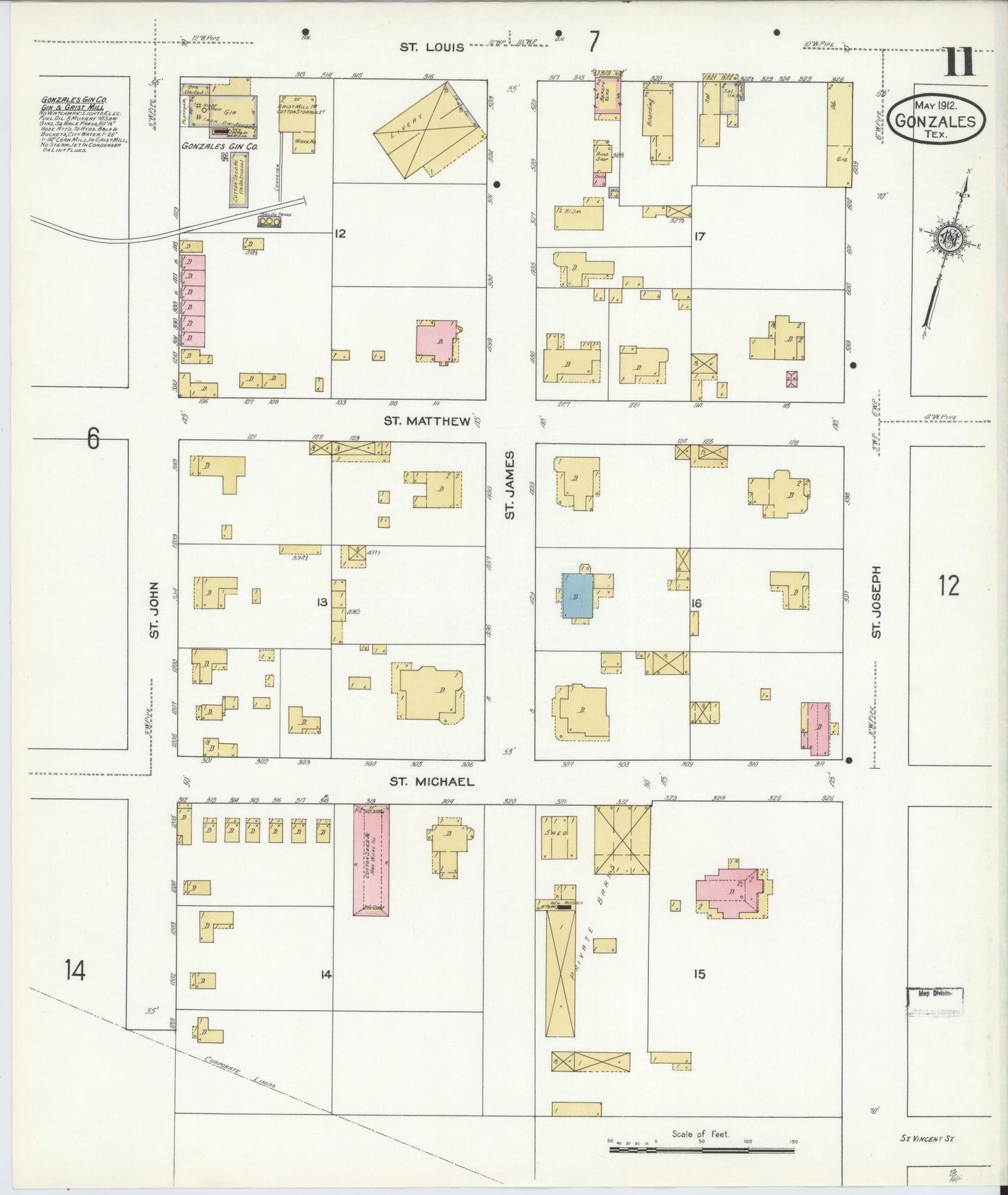 Sanborn Fire Insurance Map from Gonzales, Gonzales County, Texas (1912), Sheet #0011 - Complete Map Set gallery image, historic Sanborn map, vintage wall art, Texas Texas