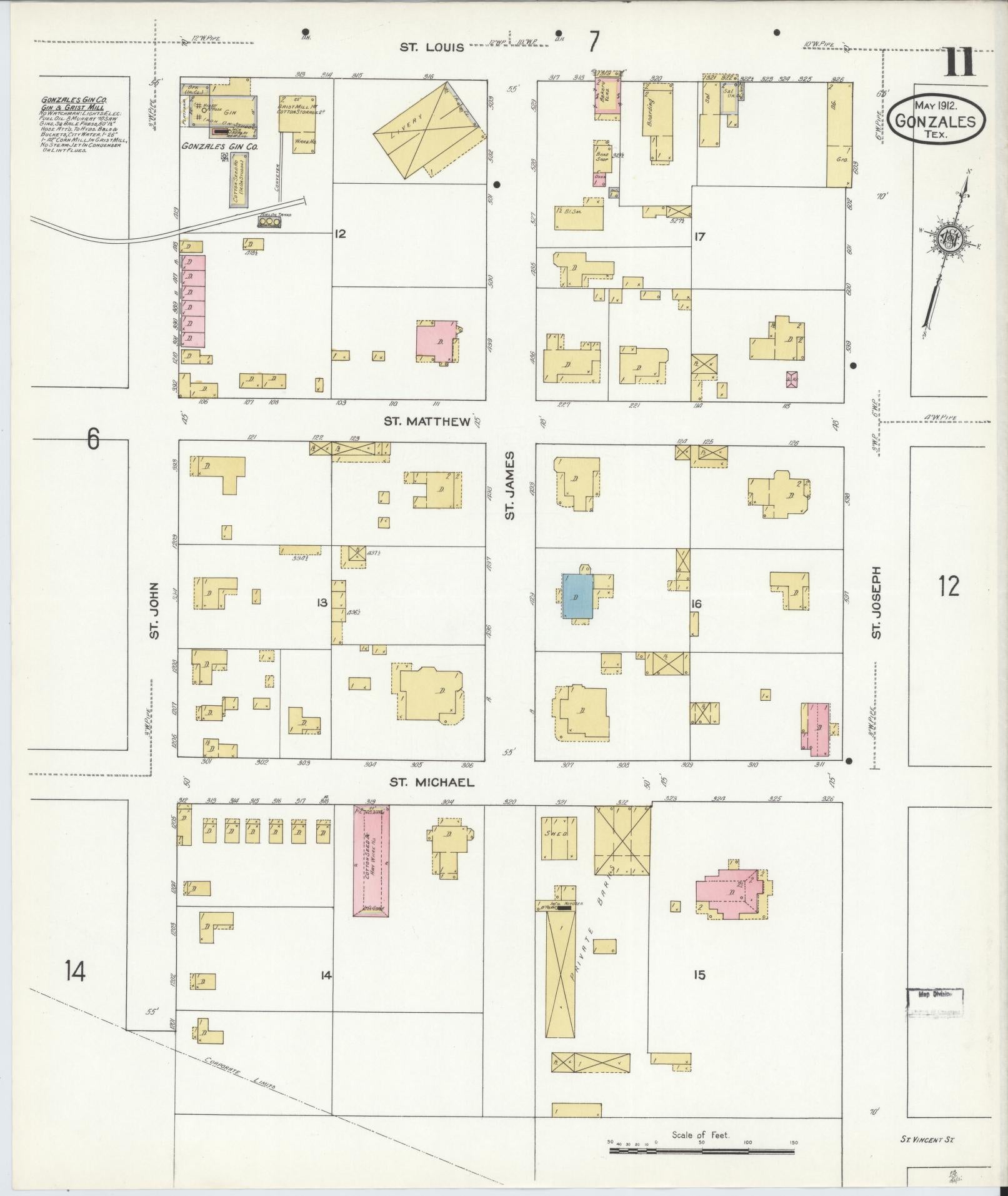 Sanborn Fire Insurance Map from Gonzales, Gonzales County, Texas (1912), Sheet #0011 - Complete Map Set gallery image, historic Sanborn map, vintage wall art, Texas Texas