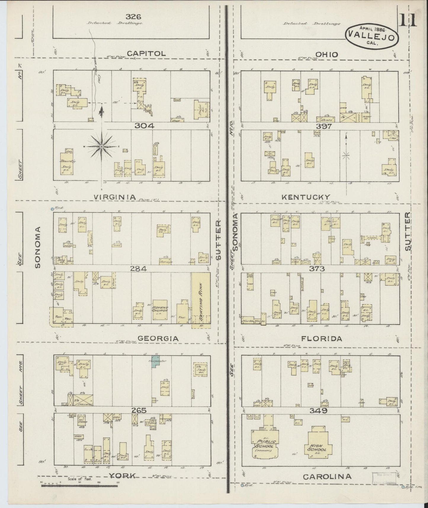 Sanborn Fire Insurance Map from Vallejo, Solano County, California (1886), Sheet #0011 - Complete Map Set gallery image, historic Sanborn map, vintage wall art, California California