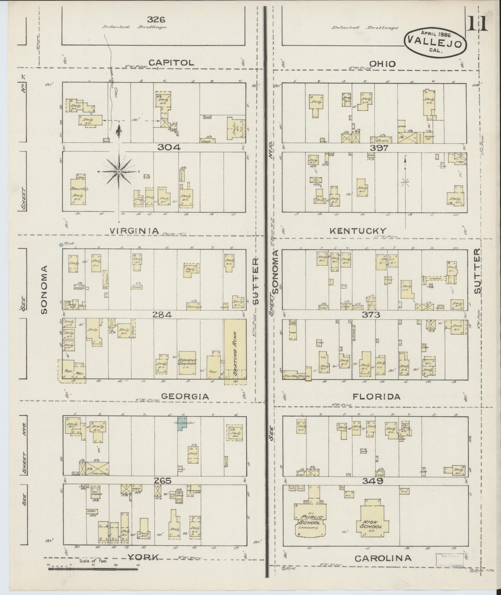 Sanborn Fire Insurance Map from Vallejo, Solano County, California (1886), Sheet #0011 - Complete Map Set gallery image, historic Sanborn map, vintage wall art, California California