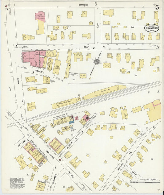 Sanborn Fire Insurance Map from Franklin, Norfolk County, Massachusetts (1911), Sheet #0005 - Historic Sanborn Fire Insurance Map Print, vintage old map wall art, antique decor, genealogy gift, Massachusetts Massachusetts map
