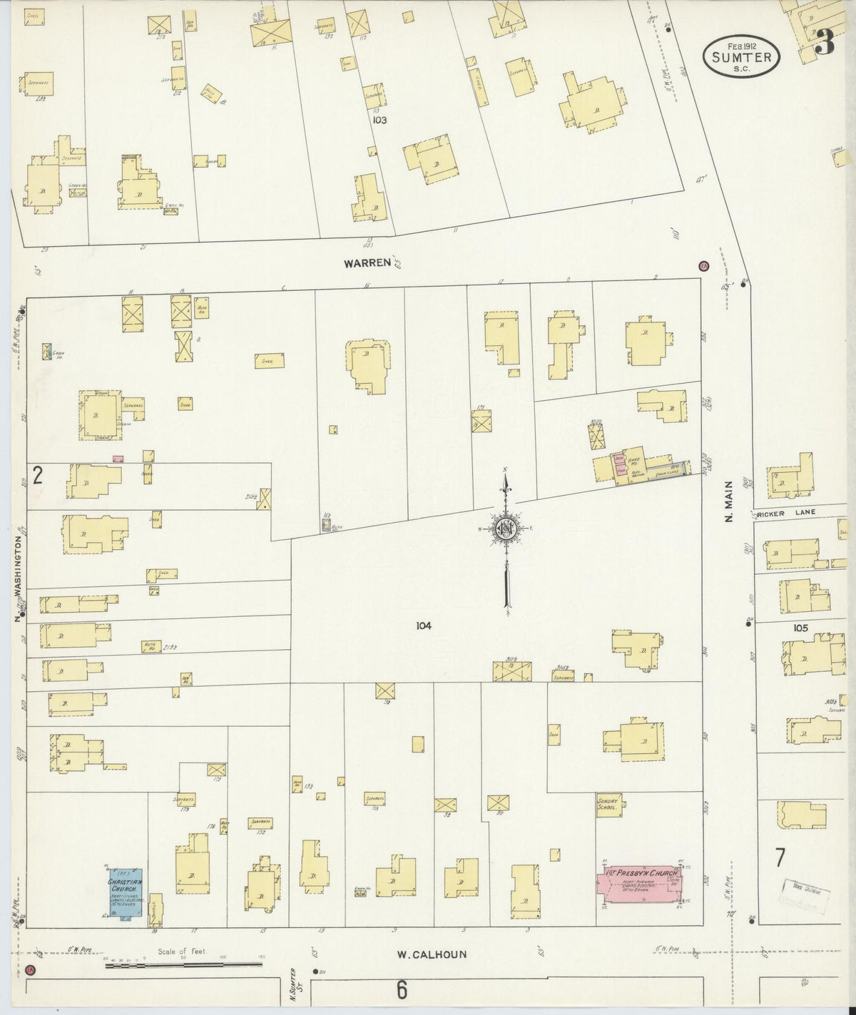 Sanborn Fire Insurance Map from Sumter, Sumter County, South Carolina (1912), Sheet #0003 - Complete Map Set gallery image, historic Sanborn map, vintage wall art, South Carolina South Carolina