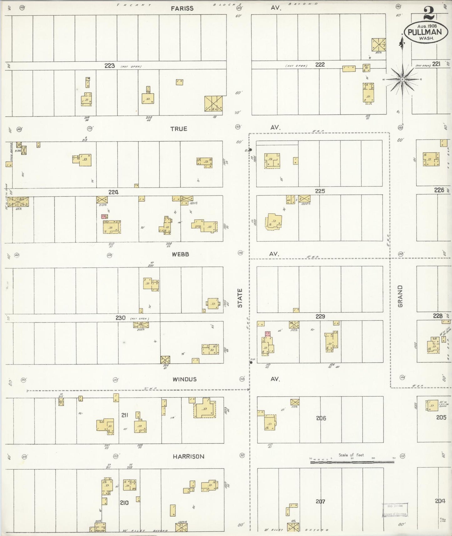 Sanborn Fire Insurance Map from Pullman, Whitman County, Washington (1908), Sheet #0002 - Complete Map Set gallery image, historic Sanborn map, vintage wall art, Washington Washington