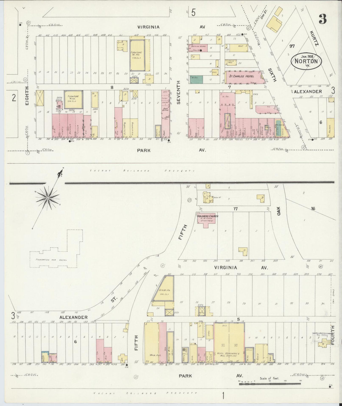 Sanborn Fire Insurance Map from Norton, Independent Cities, Virginia (1908), Sheet #0003 - Complete Map Set gallery image, historic Sanborn map, vintage wall art, Virginia Virginia