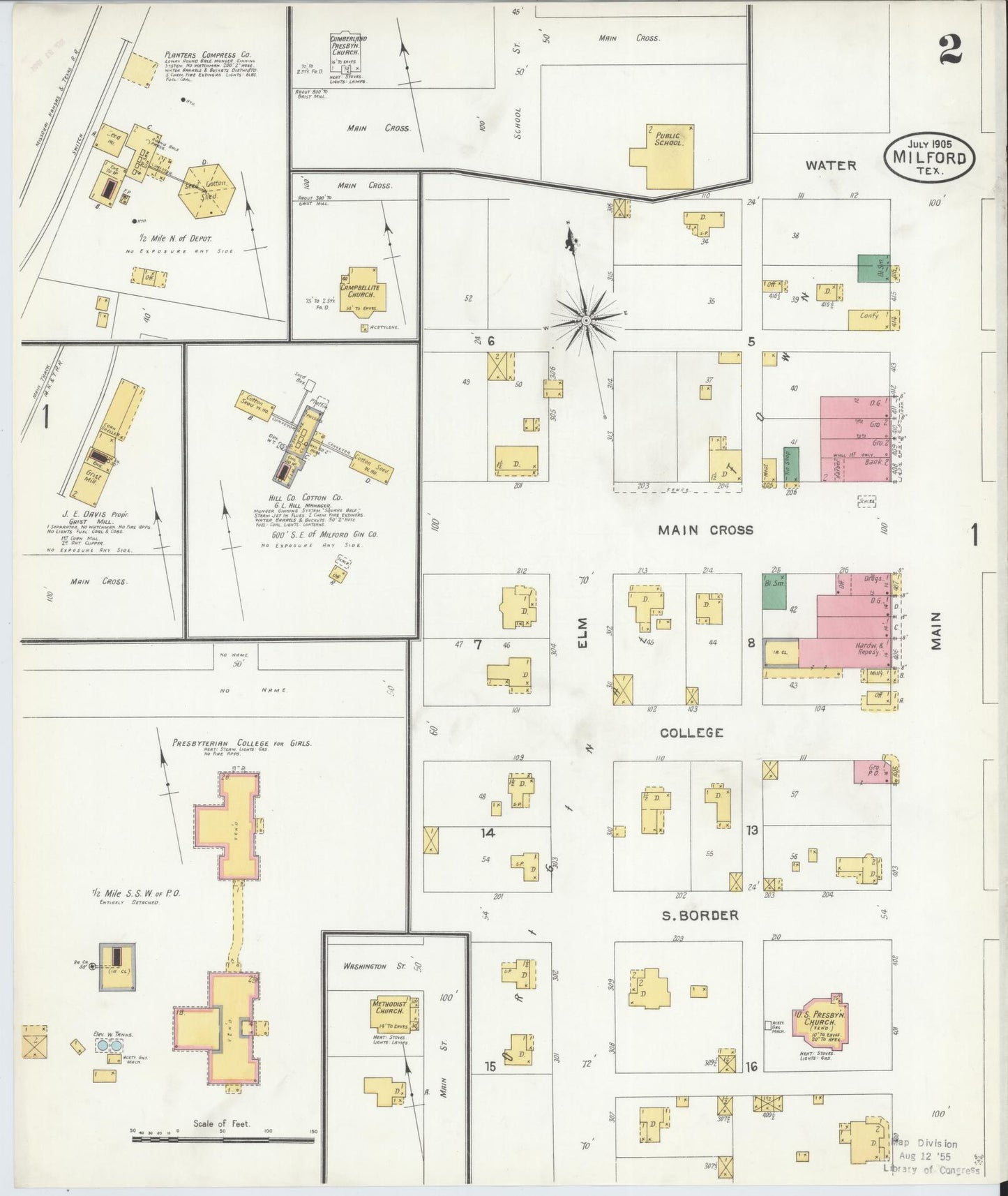 Sanborn Fire Insurance Map from Milford, Ellis County, Texas (1905), Sheet #0002 - Historic Sanborn Fire Insurance Map Print, vintage old map wall art, antique decor, genealogy gift, Texas Texas map