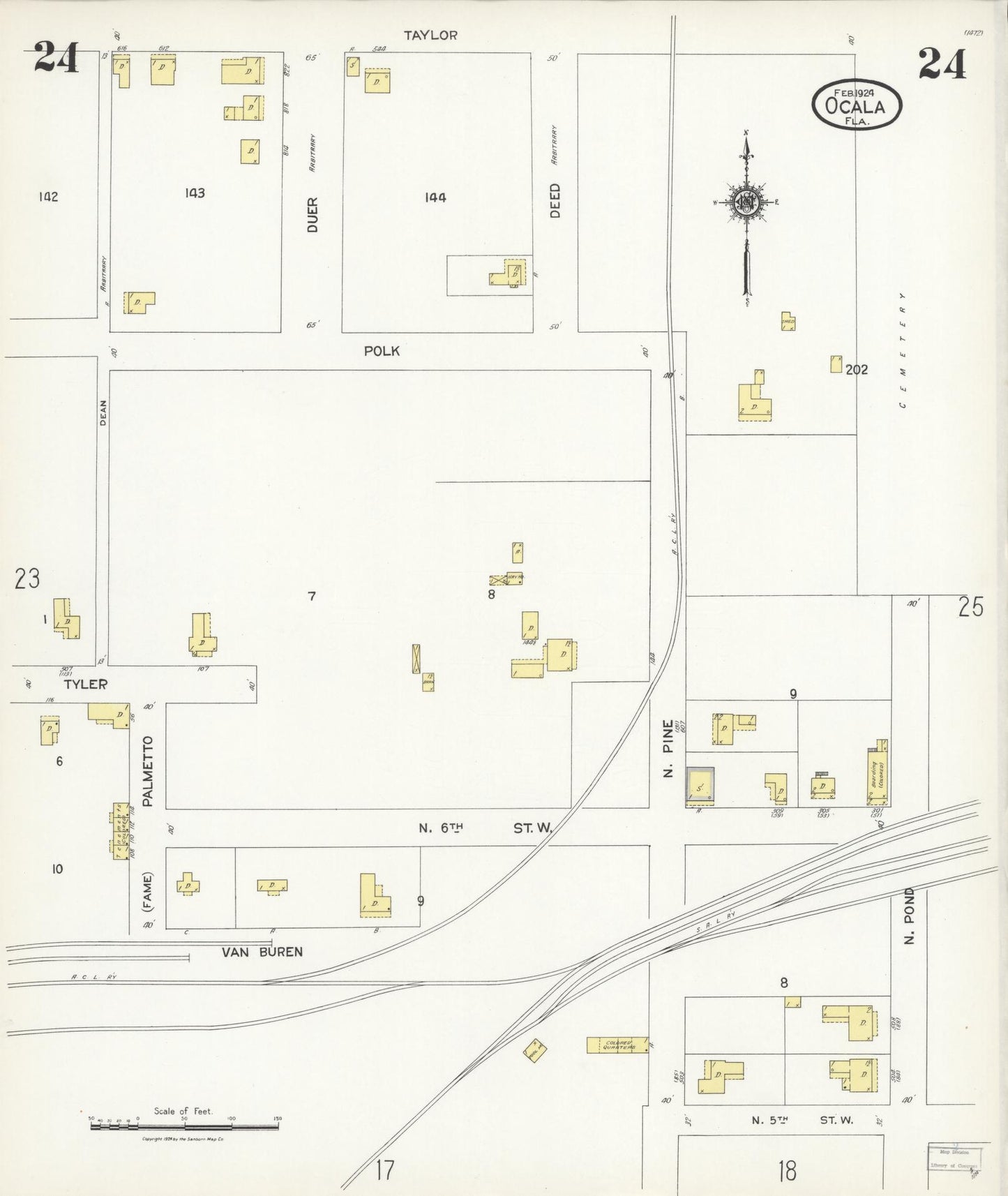 Sanborn Fire Insurance Map from Ocala, Marion County, Florida (1924), Sheet #0024 - Historic Sanborn Fire Insurance Map Print, vintage old map wall art, antique decor, genealogy gift, Florida Florida map