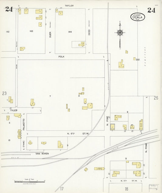 Sanborn Fire Insurance Map from Ocala, Marion County, Florida (1924), Sheet #0024 - Historic Sanborn Fire Insurance Map Print, vintage old map wall art, antique decor, genealogy gift, Florida Florida map