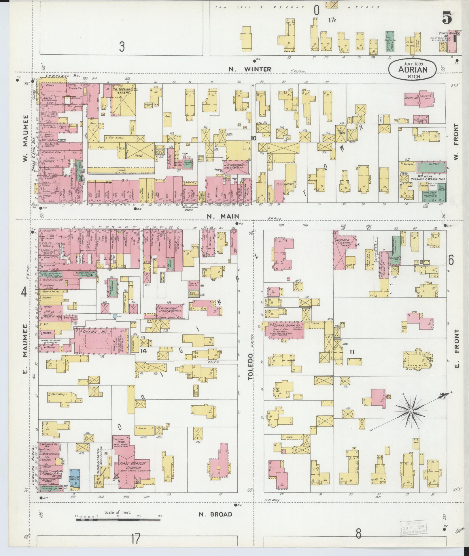 Sanborn Fire Insurance Map from Adrian, Lenawee County, Michigan (1899), Sheet #0005 - Complete Map Set gallery image, historic Sanborn map, vintage wall art, Michigan Michigan