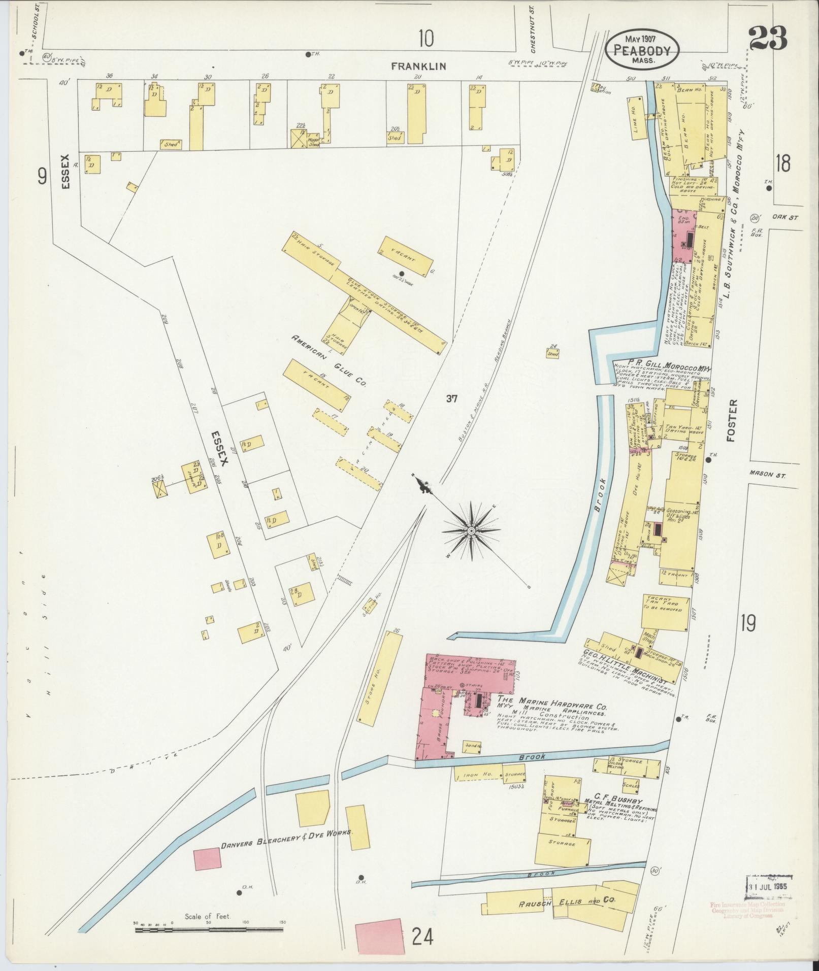 Sanborn Fire Insurance Map from Peabody, Essex County, Massachusetts (1907), Sheet #0023 - Complete Map Set gallery image, historic Sanborn map, vintage wall art, Massachusetts Massachusetts
