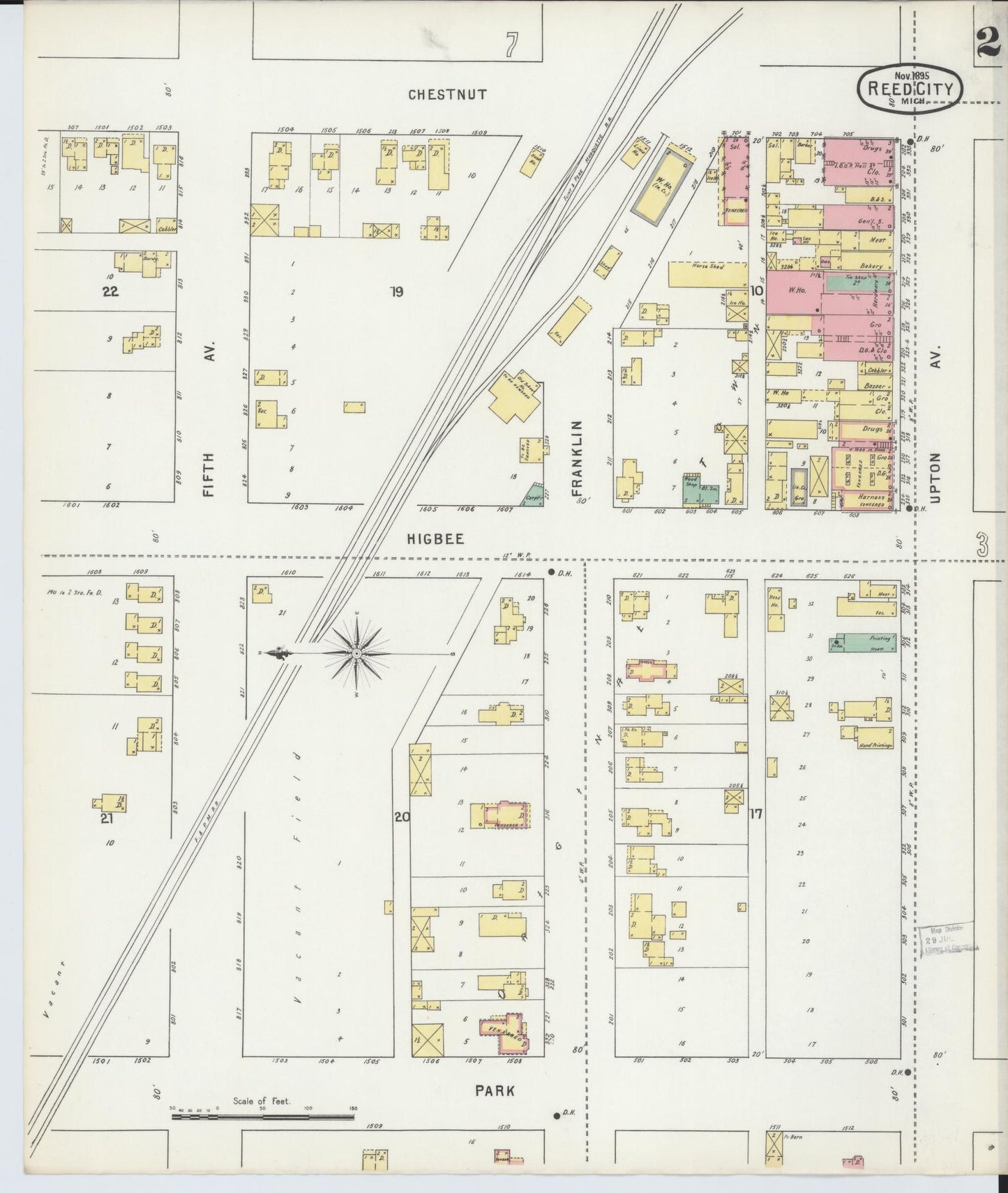 Sanborn Fire Insurance Map from Reed City, Osceola County, Michigan (1895), Sheet #0002 - Complete Map Set gallery image, historic Sanborn map, vintage wall art, Michigan Michigan