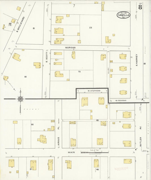 Sanborn Fire Insurance Map from Camilla, Mitchell County, Georgia (1921), Sheet #0008 - Historic Sanborn Fire Insurance Map Print, vintage old map wall art, antique decor, genealogy gift, Georgia Georgia map