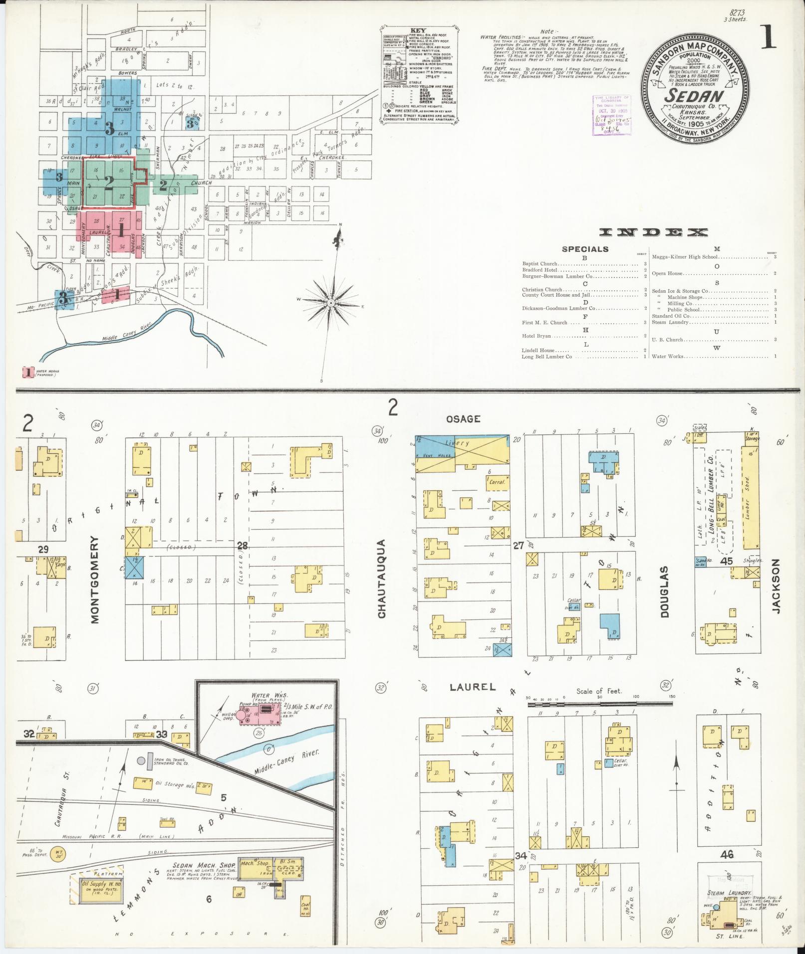 Sanborn Fire Insurance Map from Sedan, Chautauqua County, Kansas (1905), Sheet #0001 - Historic Sanborn Fire Insurance Map Print, vintage old map wall art, antique decor, genealogy gift, Kansas Kansas map